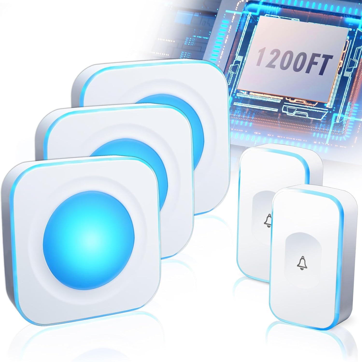Wireless Doorbells for Home Flashing Light Doorbell with 2 Buttons & 3 Receivers Hearing Impaired Doorbell 1200Ft 36 Ringtones 4 Volume (White)