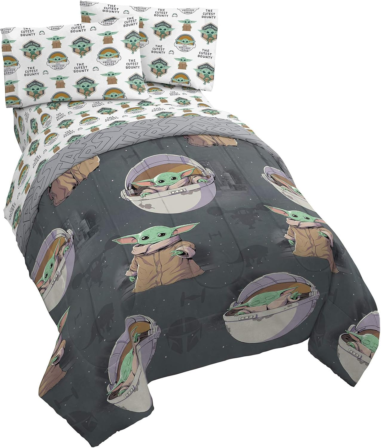 Starwars the Mandalorian the Child 4 Piece Twin Bed Set-Includes Reversible Comforter&Sheet Set-Bedding Features Baby Yoda-Super Soft Fade Resistant Microfiber (Official Starwars Product)