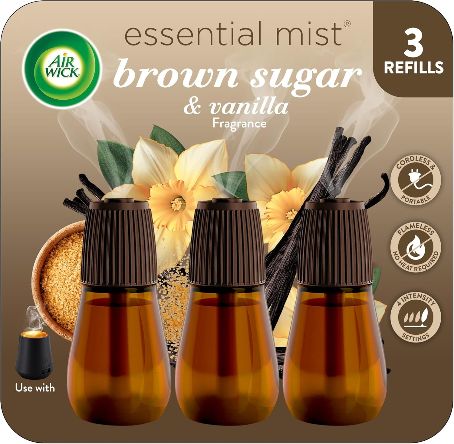 Essential Mist Refill, 3Ct, Brown Sugar & Vanilla, Fall Scent, Essential Oils, Air Freshener
