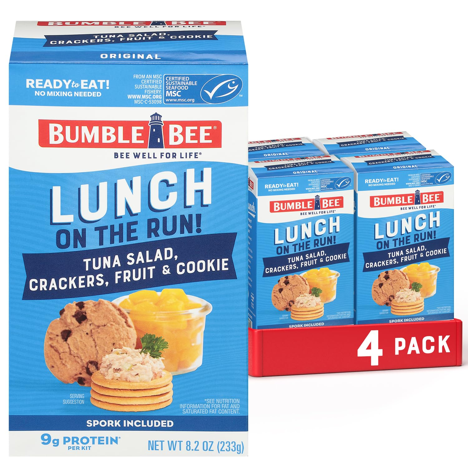 Bumble Bee Lunch on the Run Tuna Salad with Crackers Kit, 8.2 Oz (Pack of 4) - Ready to Eat, Includes Crackers, Cookie & Peaches - Wild Caught Tuna - Shelf Stable & Convenient Source of Protein