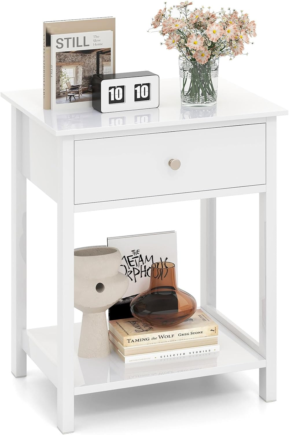 Bedside Tables, Wooden Nightstand End Sofa Side Table with Drawer and Open Shelf, Modern Accent Bedside Cabinet Storage Unit for Small Space, Living Room, Bedroom (1PC, White)