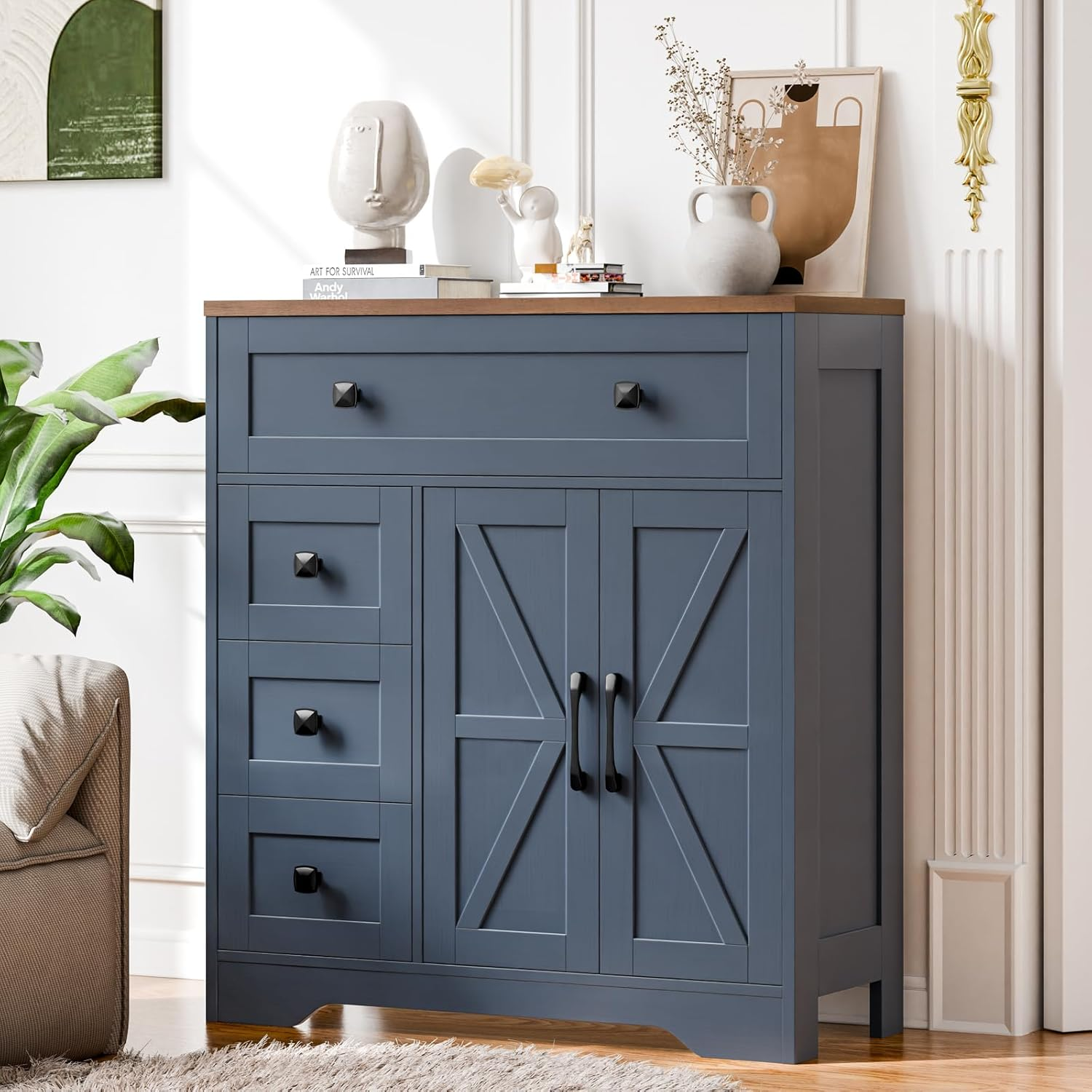 Farmhouse Storage Cabinet with 2 Doors and 4 Drawers, Freestanding Bathroom Storage Cabinet Kitchen Pantry, Floor Hutch Cupboard for Living Room/Bathroom/Kitchen,Blue