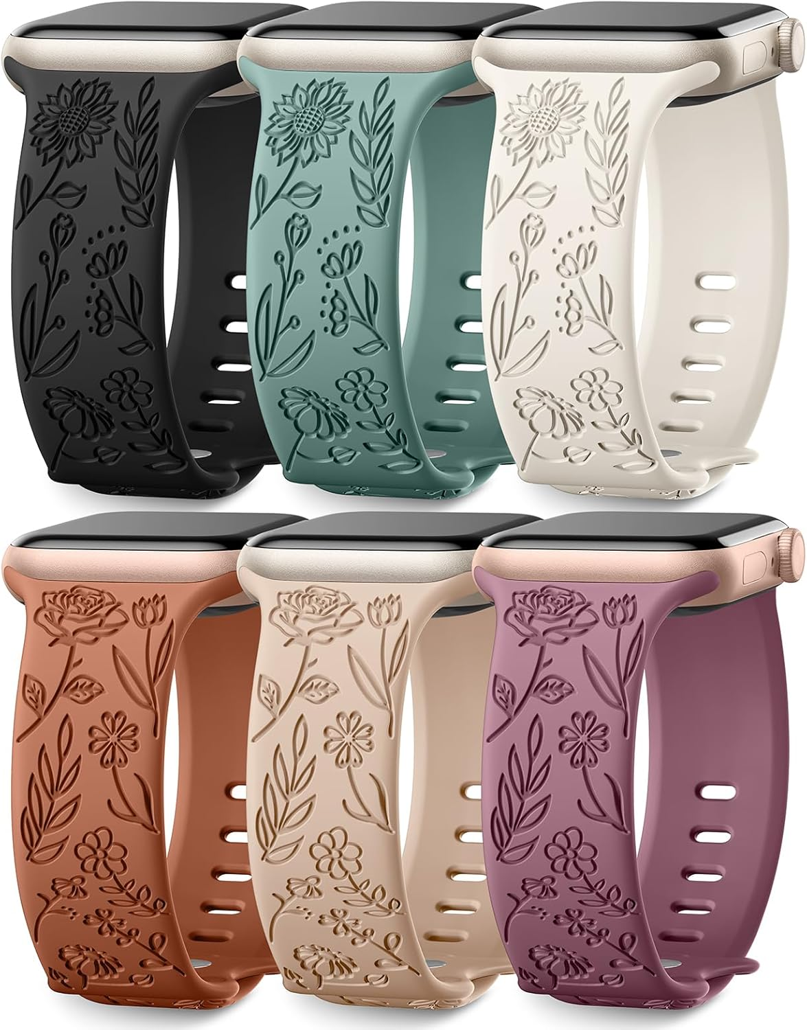 6 Pack Floral Silicone Bands Compatible With Apple Watch Women Sport Strap