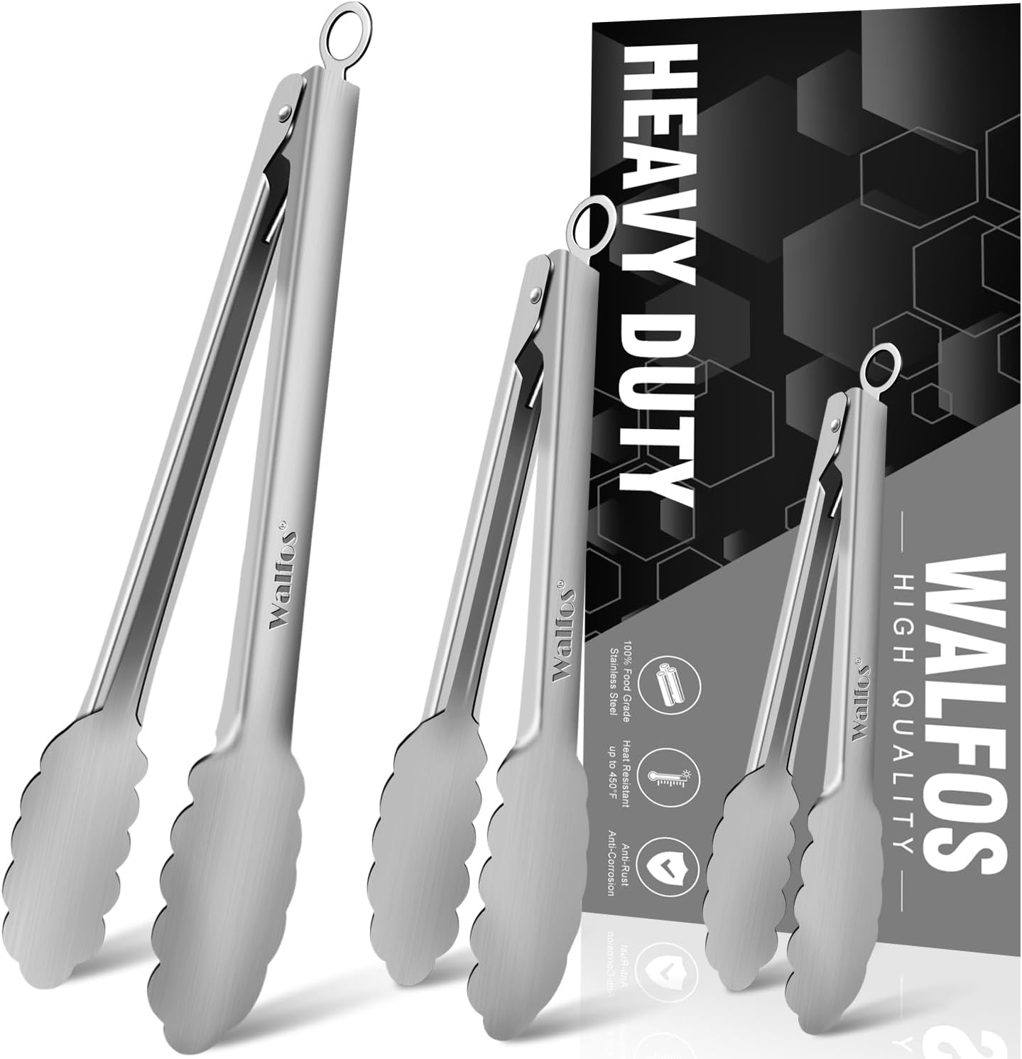 Walfos All Metal Kitchen Tongs for Cooking, BBQ Grilling, 600℉ Heat Resistant... - Picture 3 of 12