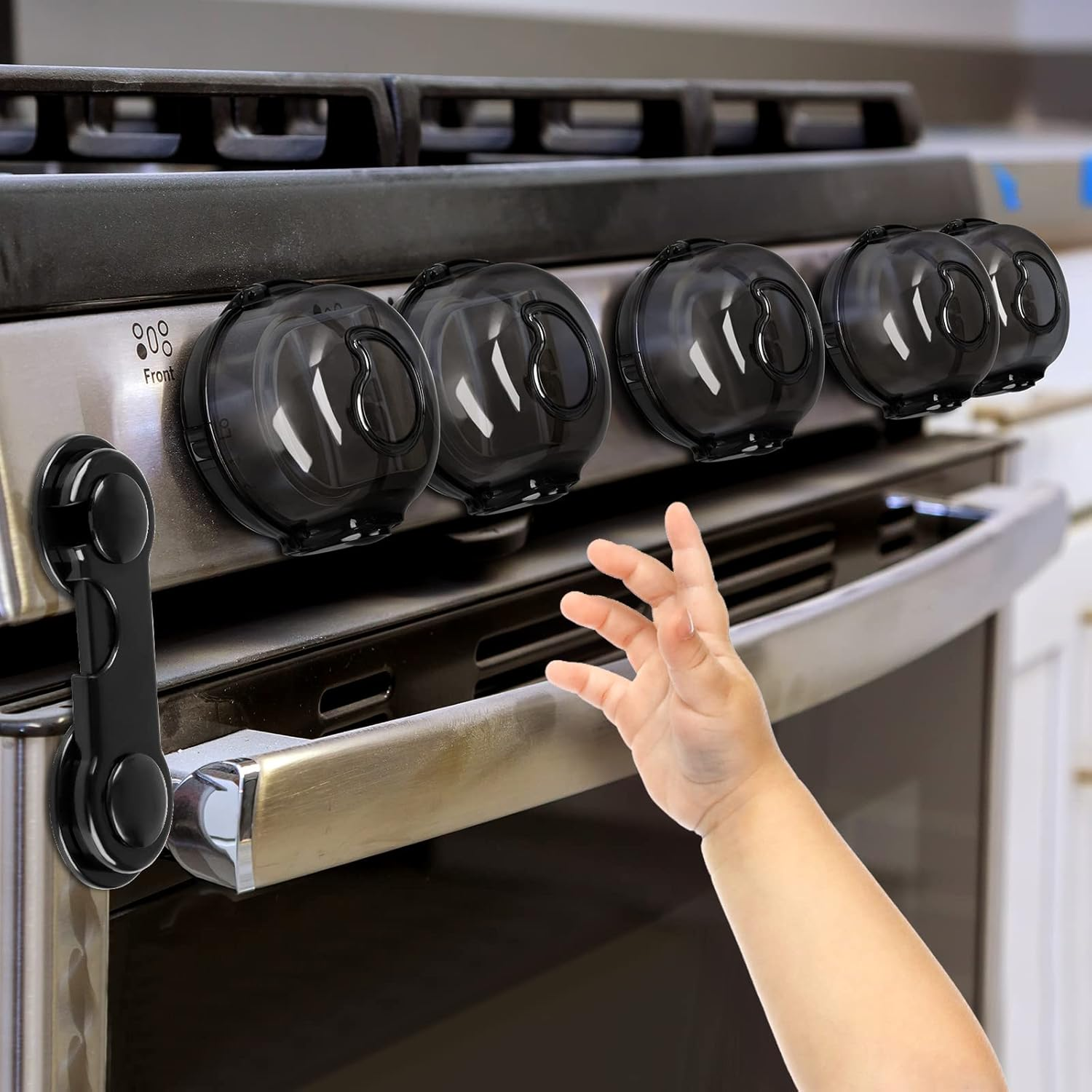 Stove Knob Covers for Child Safety (5 + 1 Pack) Gas Stove Knob Covers with Strong Adhesive Double-Sided Tape Oven Knob Covers for Child Safety Prevent Kids & Pets from Turning on Stoves Black