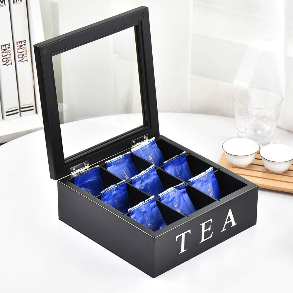 Wood Tea Storage Box, Teabag Storing 9 Compartments Wooden Tea Box Hinged Glass Lid Tea Organizer-Black