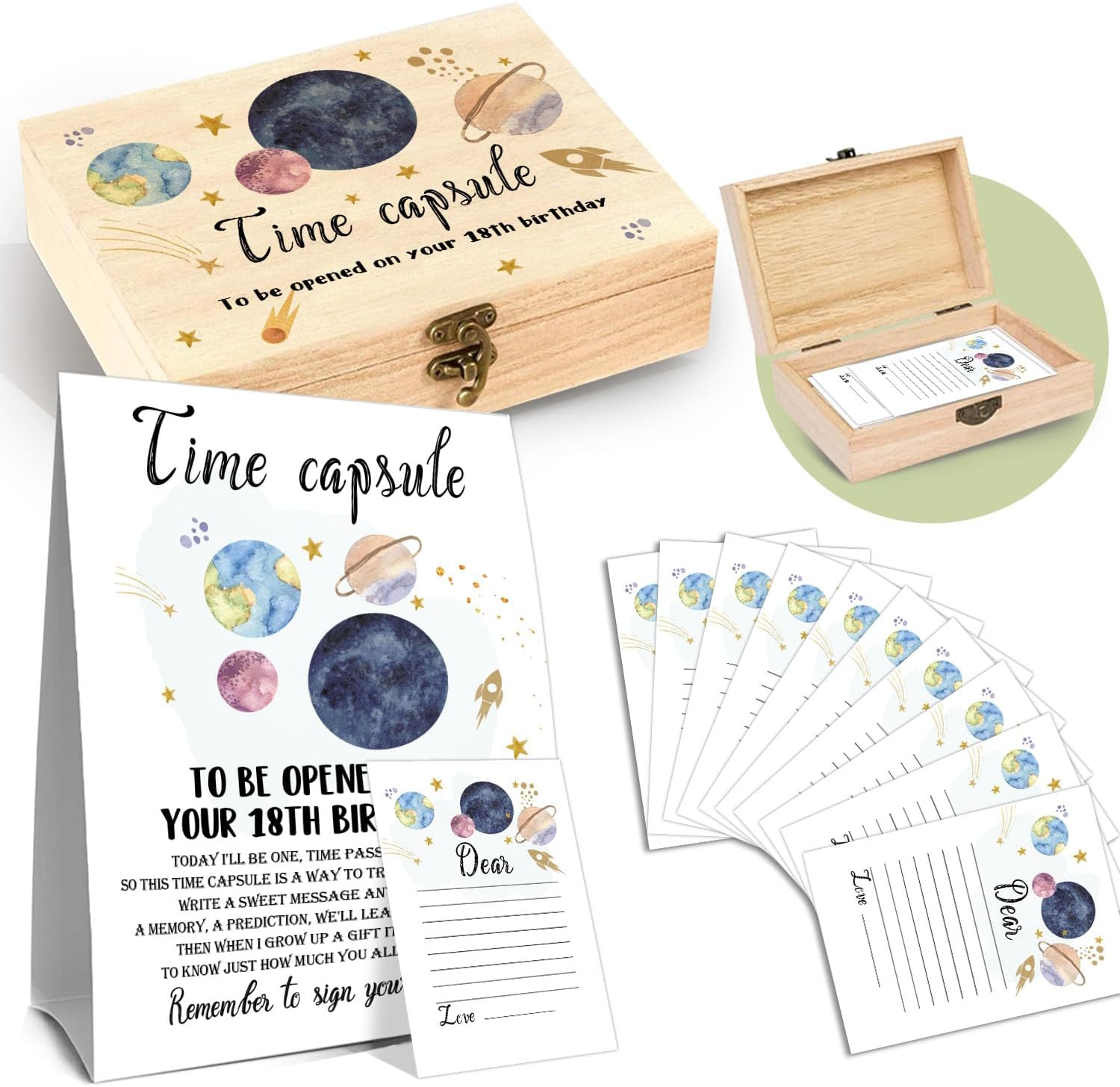 Planet Memory Time Capsule, 50 Planet Cards and 1 Time Capsule Box, Baby Shower Decor, Baby Shower Storage Box for First Birthday, Time Capsule Memorial Blessing Quotes Collection Box