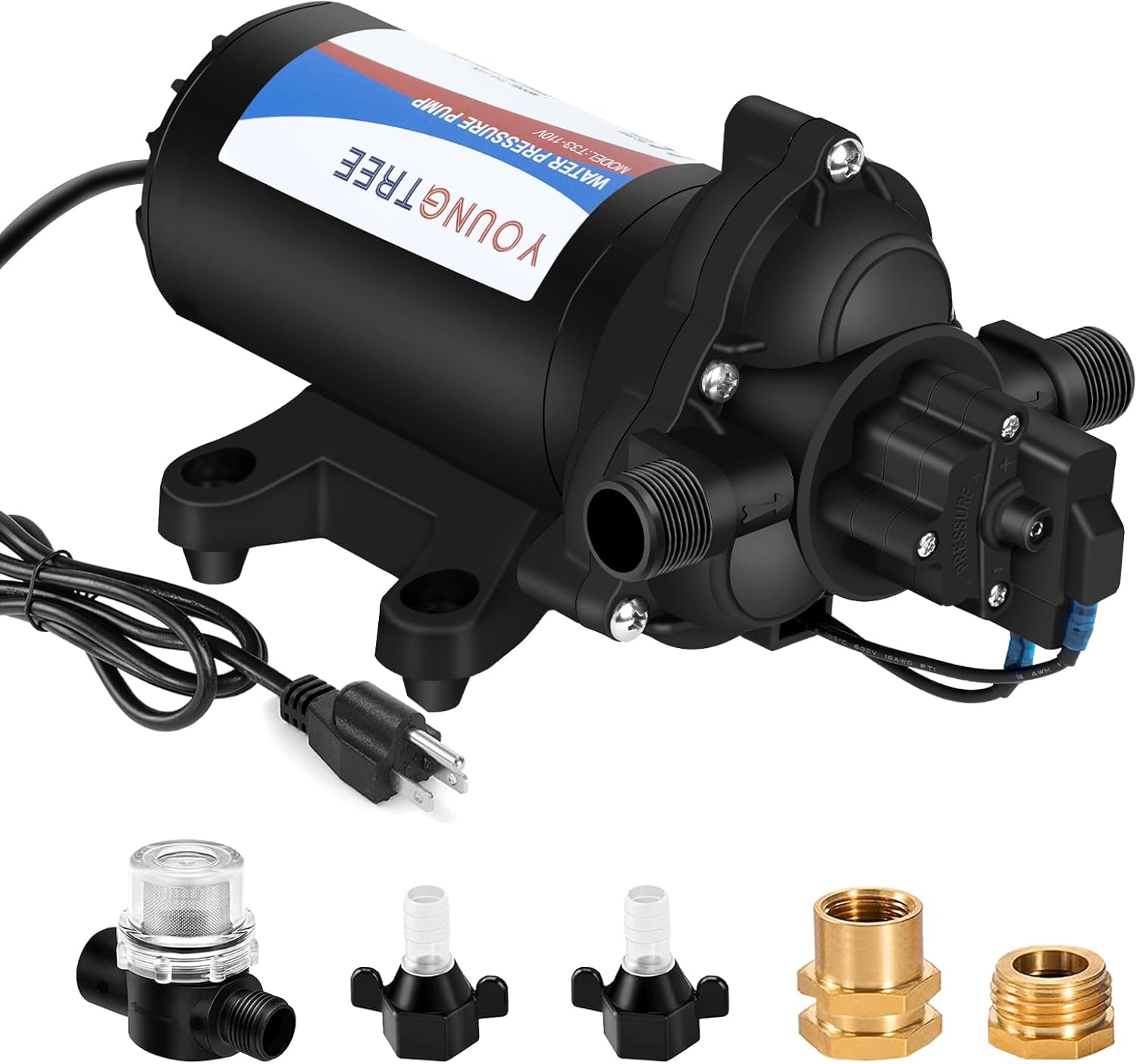 RV Water Pressure Diaphragm Pump 110V 4.0GPM 50PSI on Demand Fresh Water Transfer Pump 110Volt AC with Garden Hose Adapters for Irrigation Home Pool Draining Sprinkler