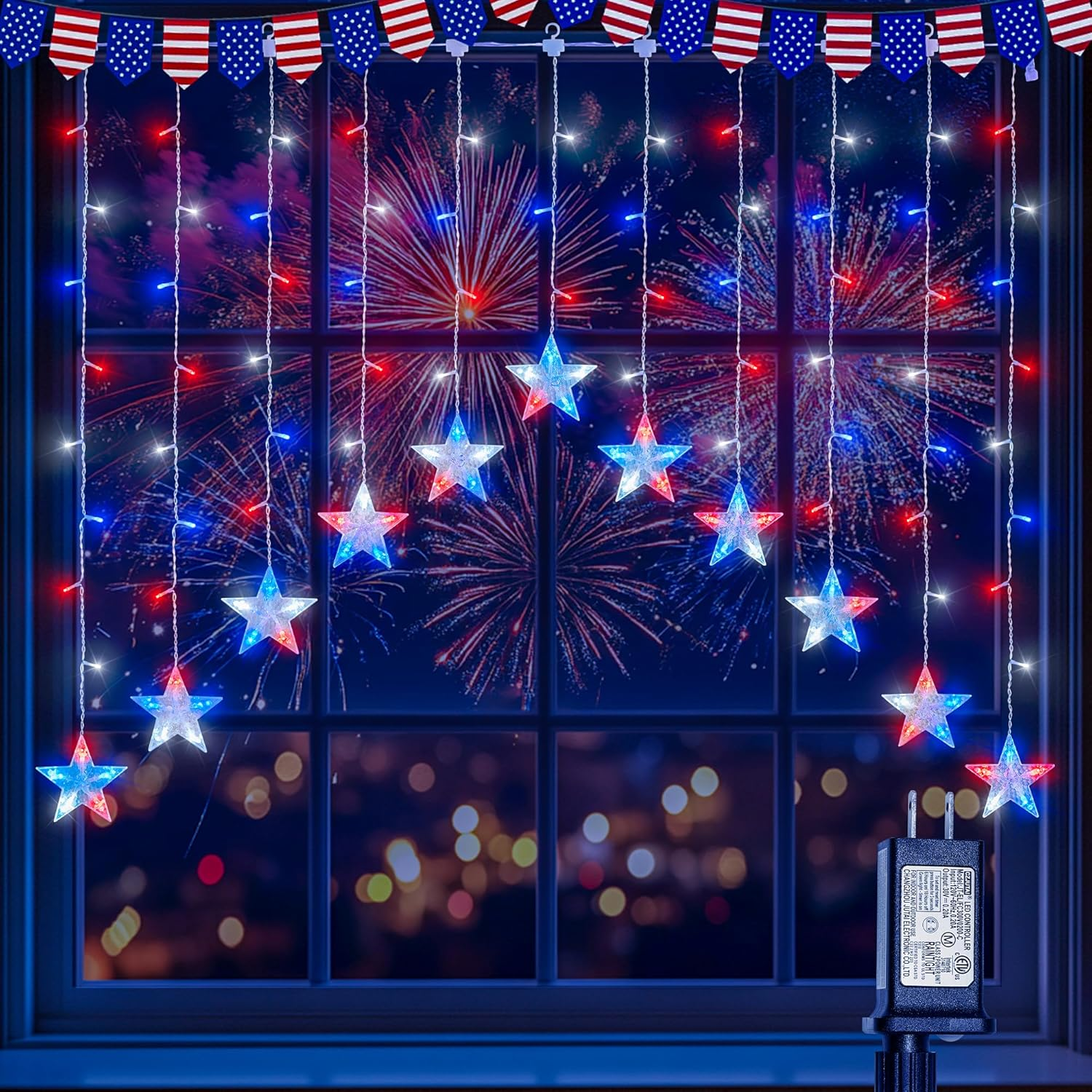 4Th of July Patriotic Star Icicle Lights,118Led Red White and Blue Curtain Window Lights,11.5Ft Connectable Star String Light Plug in for Independence Day,Garden,Fourth of July Decorations