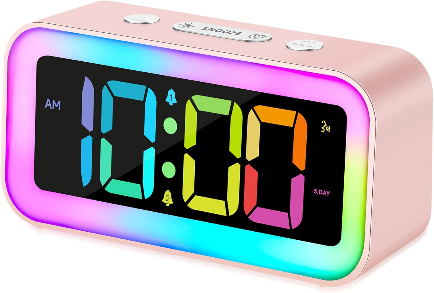 Cute Pink Loud Alarm Clock with RGB Night Light - Perfect for Girls Room Decor and Kawaii Gifts, Small Size for Bedside or Desk Lamp in Bedrooms, Ideal for Kids, Teens (Light Pink)