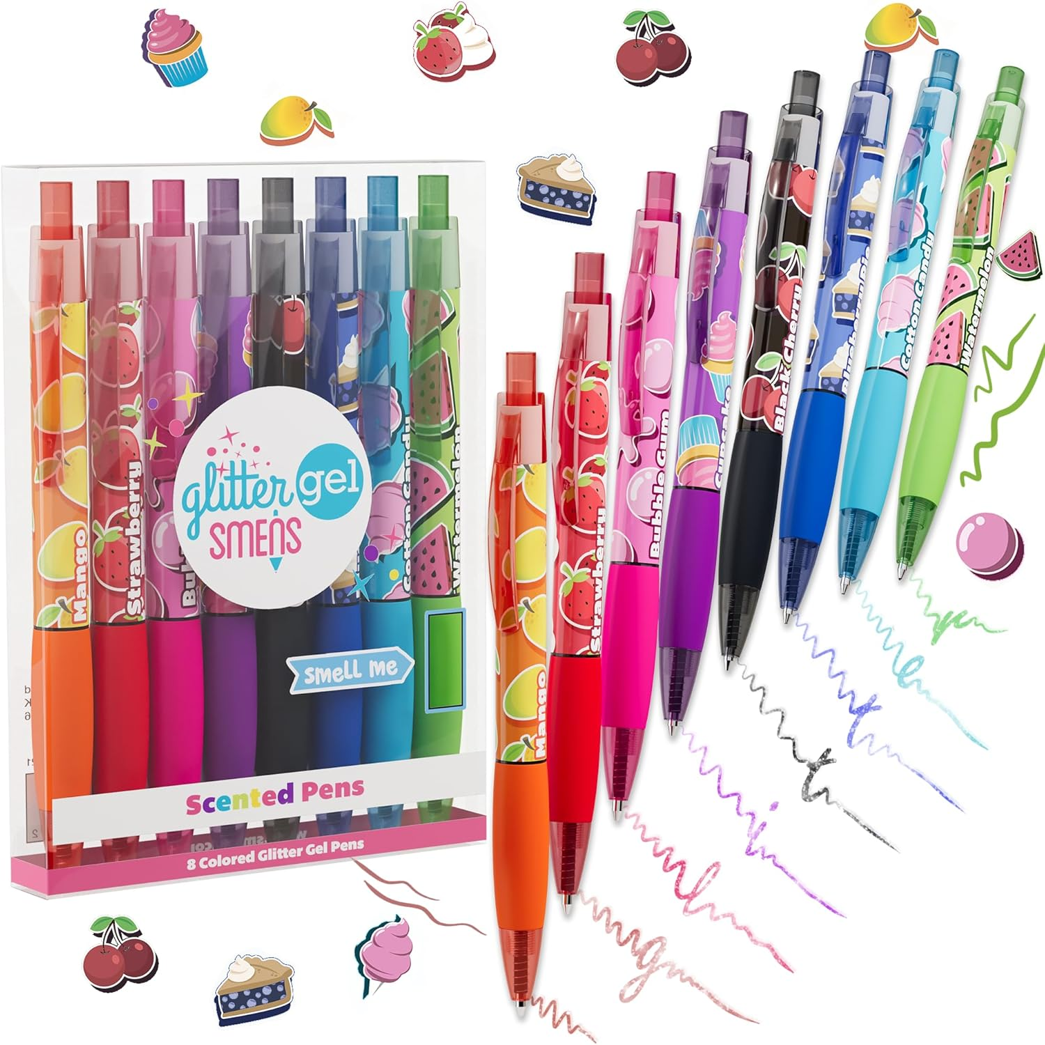 Glitter Gel Smens - Patented Gourmet Scented Colored Glitter Gel Ink Pens, Medium Point, 8 Count - Fun, Cute, Cool, Smelly Pens for Kids