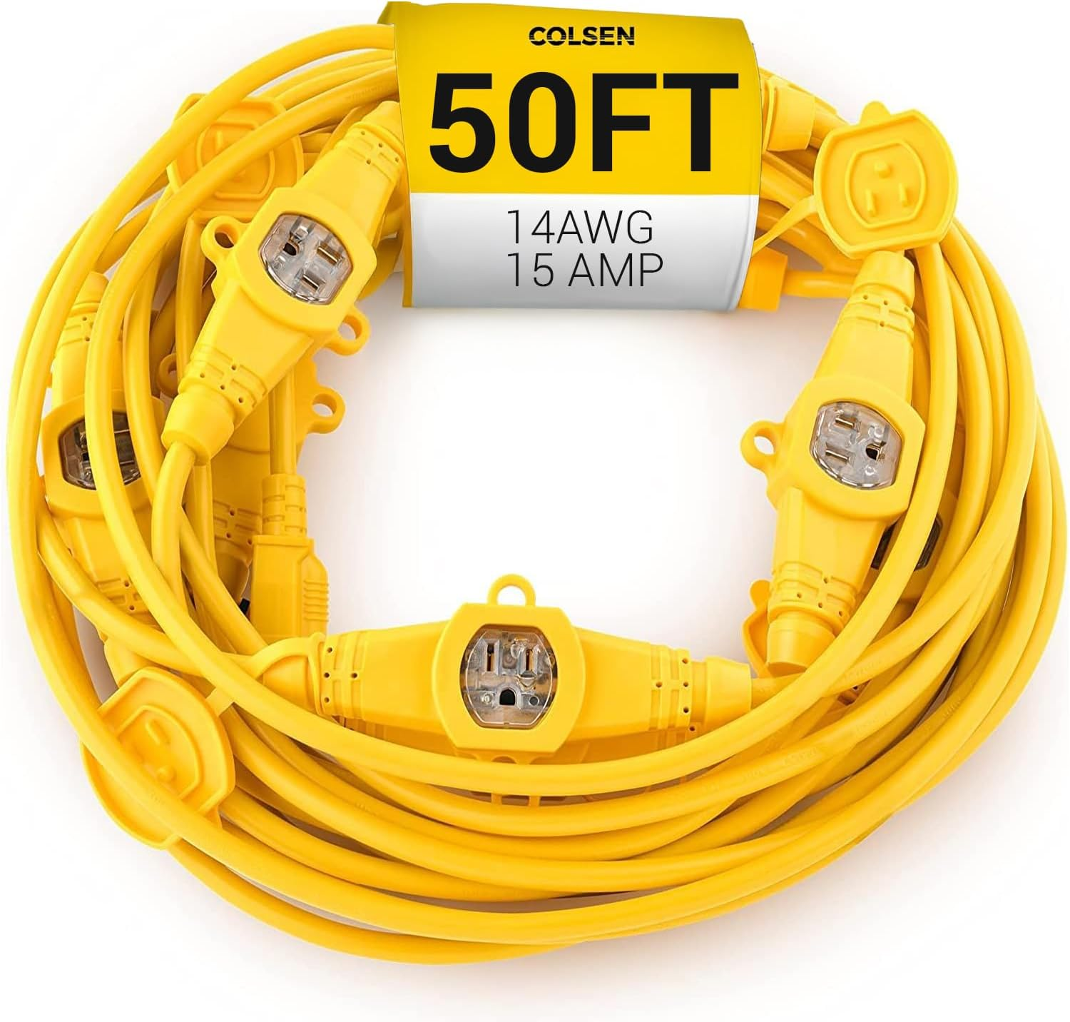 Extension Cord with Multiple Outlets – 50 Ft Heavy Duty 16 Gauge Power SJTW Cable, 15 Amp 3 Prong 11 NEMA Multi Plug, 14 AWG Male to Female Connector, 5-15R Female Socket, Outdoor/Indoor Yellow