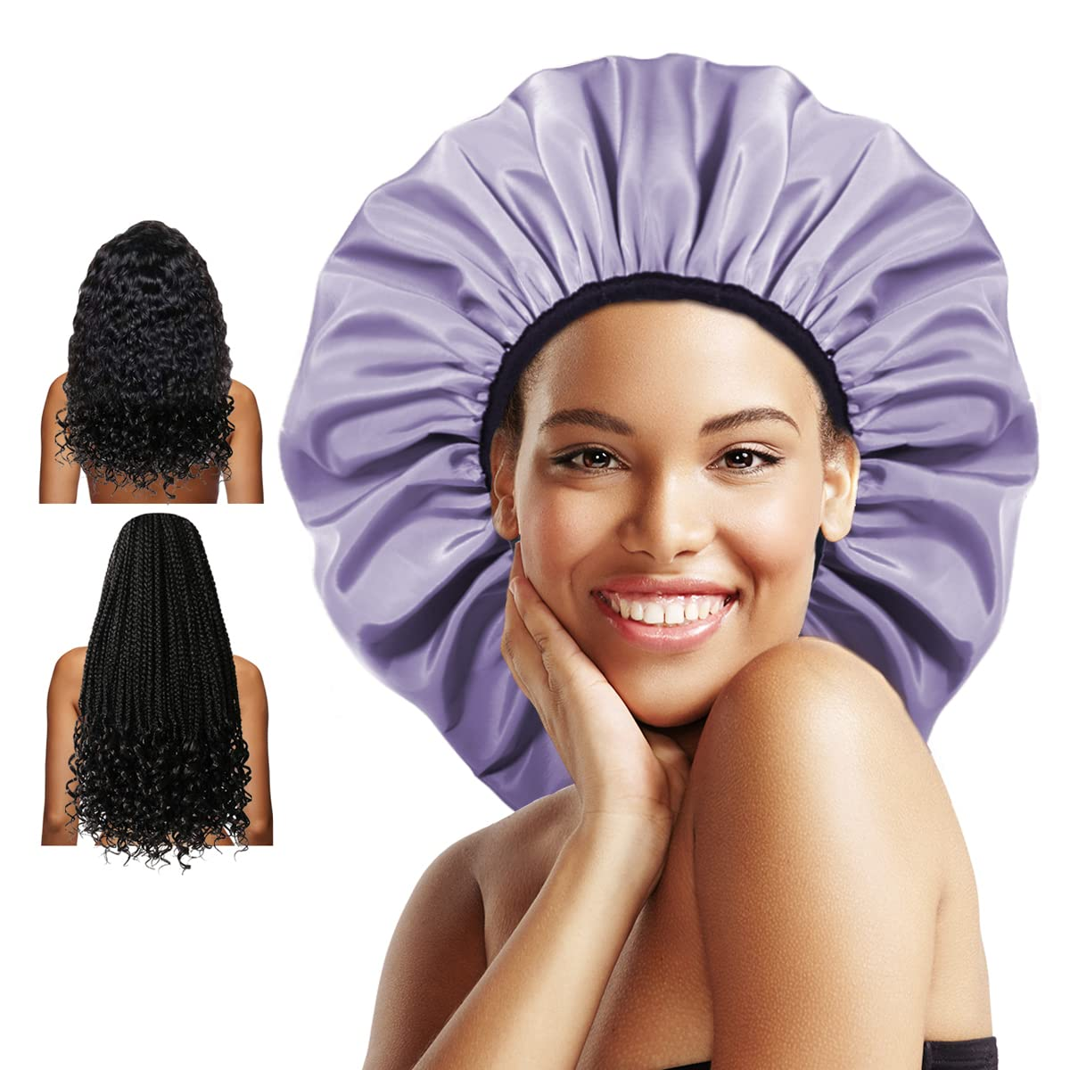 Extra Large Shower Cap, Double-Layer Waterproof Reusable Satin Lining Shower Bonnet for Women Long Hair, Braids, Locs, perms (Purple)