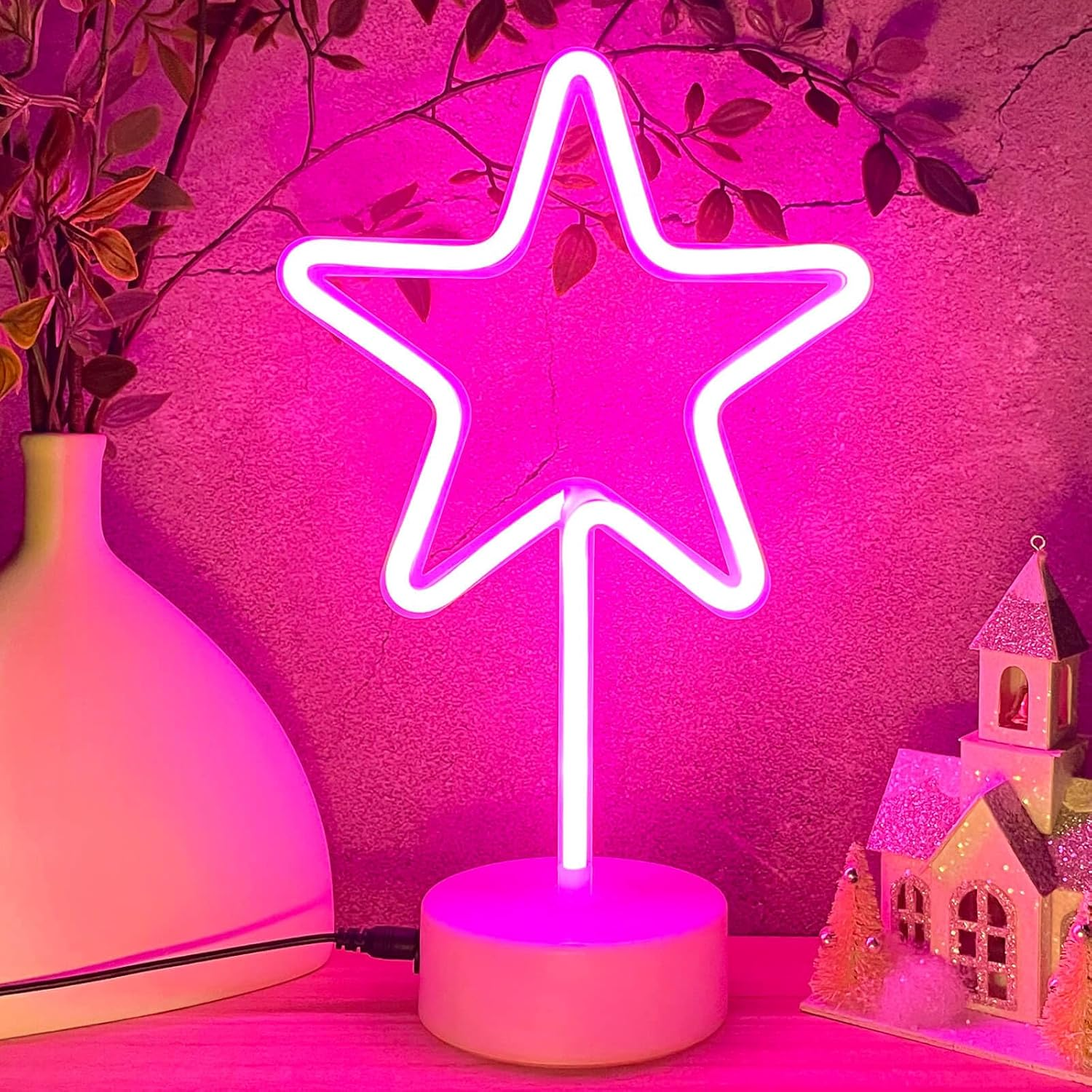 Star Neon Sign Neon LED Light, Usb/Battery Operated Neon Sign with Base Stand Star Table Lamp, Light up Pink Christmas Decor for Room Girls Bedroom Classroom Desk Shelf
