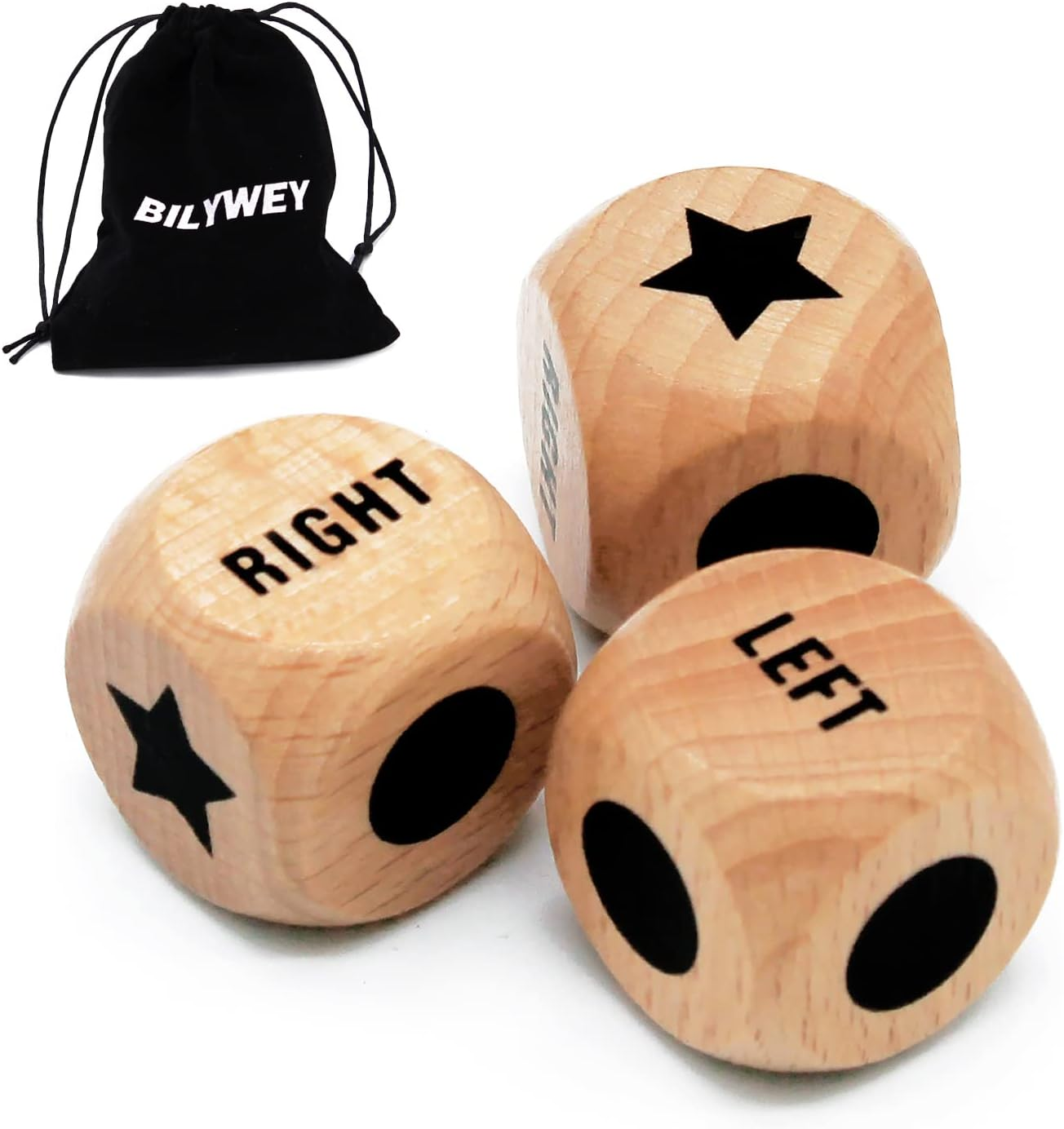 Bilywey 3Pcs Left Right Center Game Dice 1 Inch Beech Wood Dices with Drawstring Bag (3 Pcs)