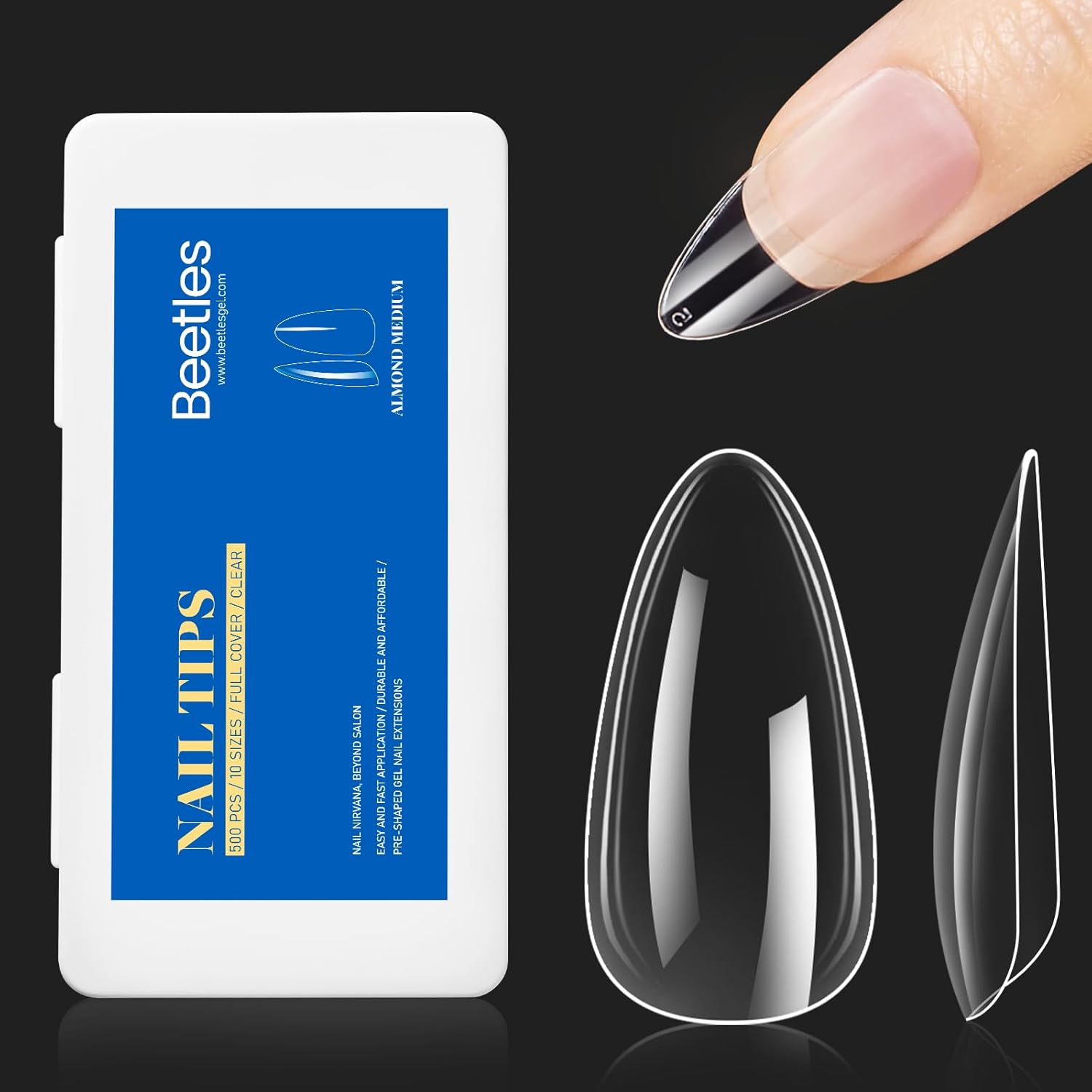 Beetles Gel Nail Tips Almond Medium Shape Nails, 500Pcs Pre Shaped Soft Nail Tips Clear Full Cover False Nails for Gel Nail Polish Soak off Easy Nail Extensions Press on Nails