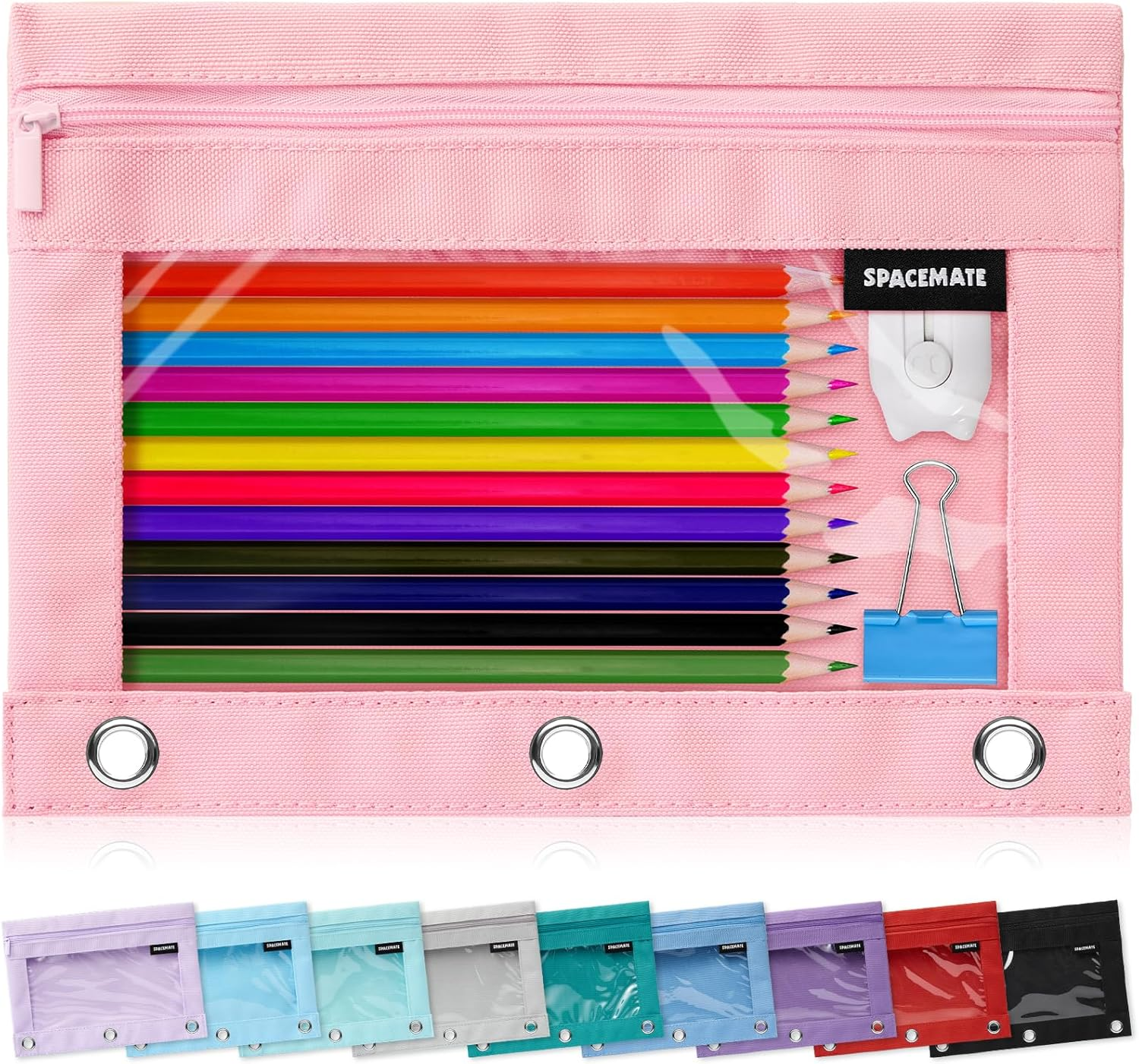 Binder Pencil Pouch Case Box Bag for 3 Ring Binder School Supplies Girls Boys Kids, Clear Preppy Stuff Large Aesthetic Pen Organizer, Back to College Stationary, 1 Pack, Light Pink