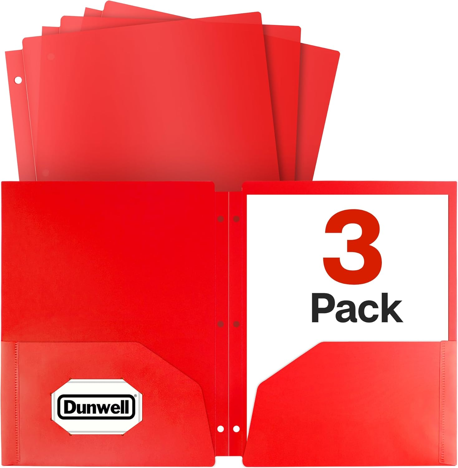 Plastic 2-Pocket Folders for 3-Ring Binders, (3 Pack, Red) 3 Hole Punched, Divider Folder for Notebooks, Long Lasting Poly, Fits 8.5x11 Sheets, Includes Labels
