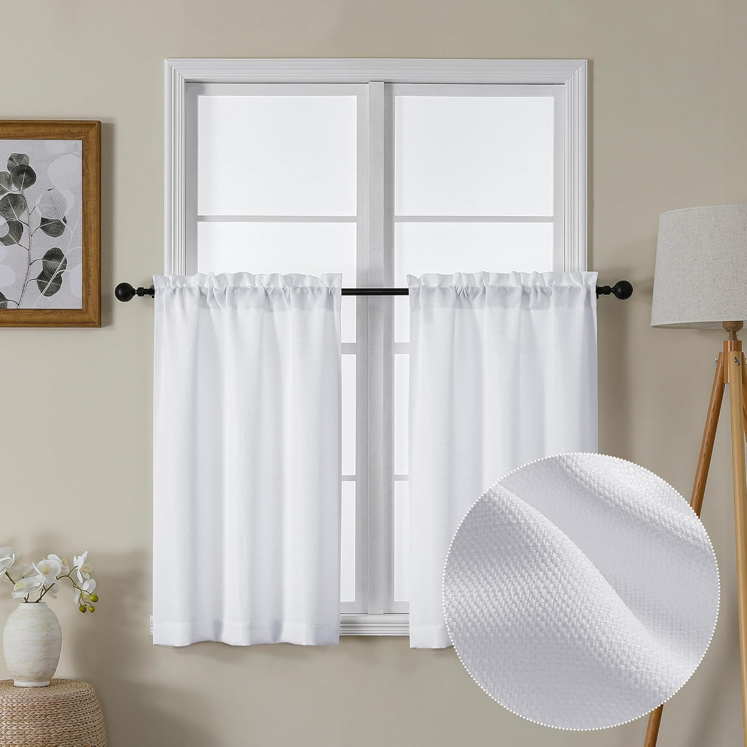 Bessie White Kitchen Curtains 36 Inch Length 2 Panels Set, Faux Linen Textured Tier Curtains Short, Light-Filtering Small Cafe Curtain Window Treatments for Basement Bathroom, Each 30 W X 36 L