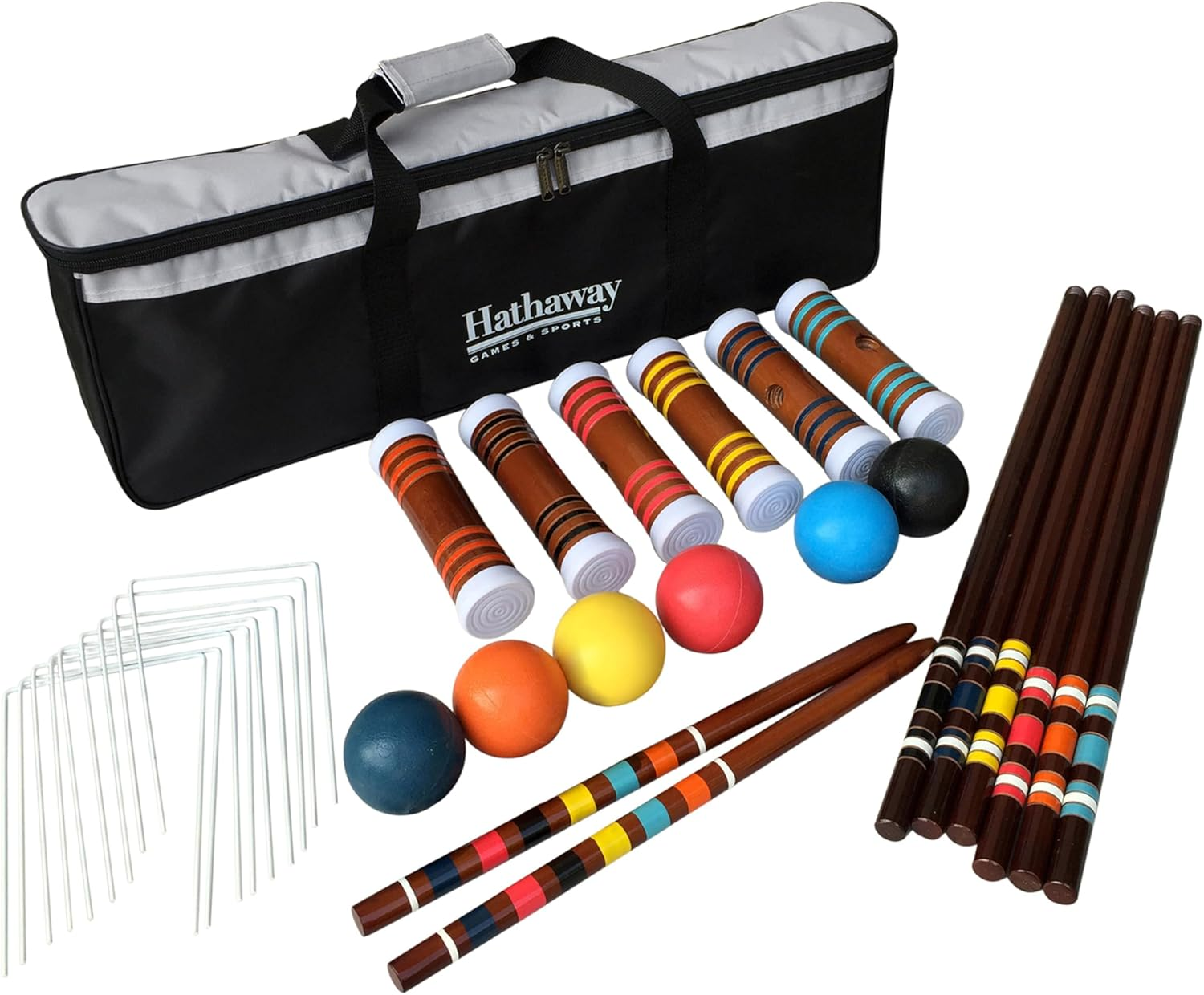 Hathaway 6-Player Croquet Set for Adults, Kids & Families – Includes Durable Hardwood Mallets, Handles & Goal Stakes, Chip-Resistant Polymer Croquet Balls, Steel Wickets, & Nylon Carrying Bag