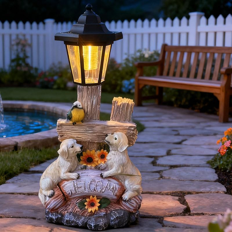 Outside Dog Statue with Solar Lantern, Garden Welcome Sign Dog Solar Figurines Light, Patio Outdoor Decoration, Balcony Lawn Decor, Unique Birthday House Warming Gift for Women, Mom, Grandma