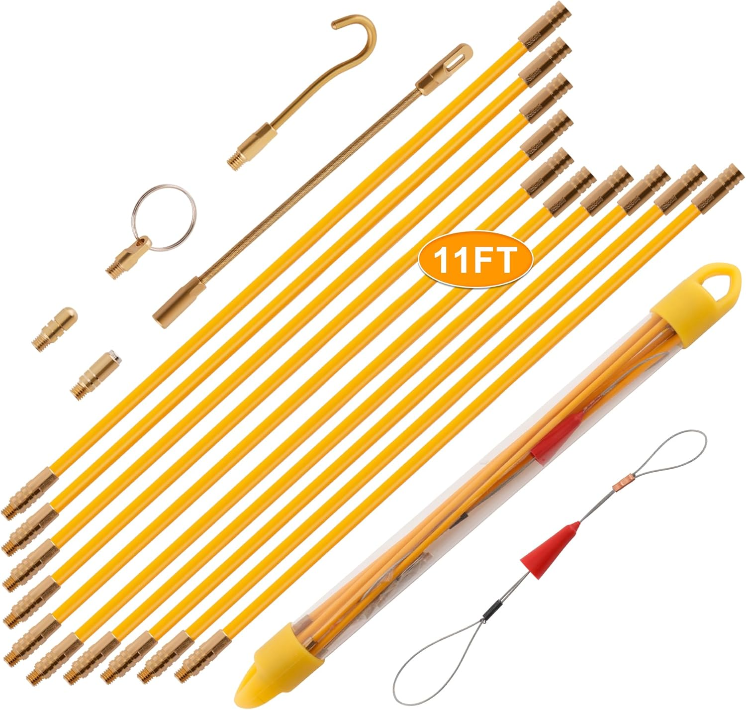 11FT Fiberglass Running  Wire Cable Glow Rods Wire Pulling Tools Fish Tape Cable Puller through Wall Snake Fish Rods Kit with Different Attachments