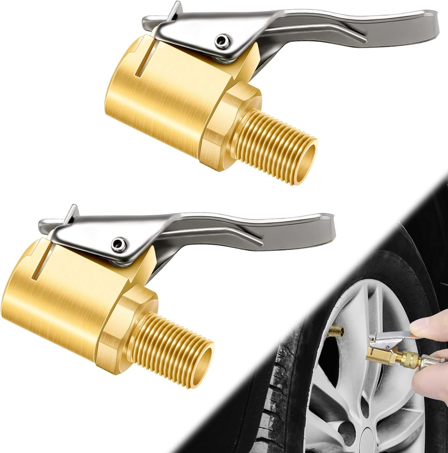 2 Pcs Brass Locking Tire Air Chuck, Tire Inflator Hose Adapter for Twist on Connection Convert to Lock On, No Air Leakage Air Compressor Pump Clip on Tire Chucks, Tire Nozzle with Tire Valve Thread