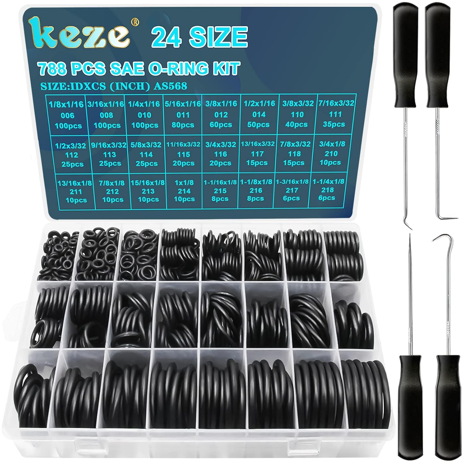 788 Pcs SAE Rubber O Ring Assortment Kit Buna-N 70A 24 Size USA Standard Inch O Rings Set for Assort Faucets Plumbing Hydraulics Hose Repairs with O Ring Hook and Pick
