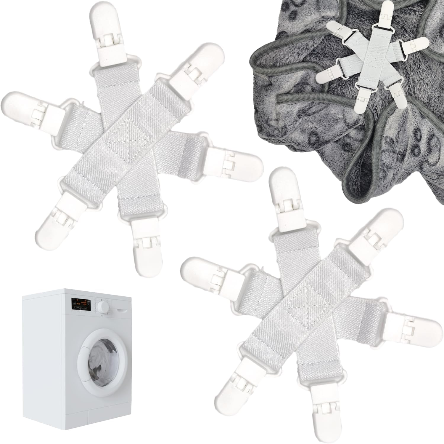 2Pcs Bed Sheet Detangler with 6-Clip, Sheet Detangler Fitted Sheet for Tumble Dryers and Washing Machines Secures Sheets, Duvet Covers and Blankets Prevents Knotting and Tangling Balling (White)