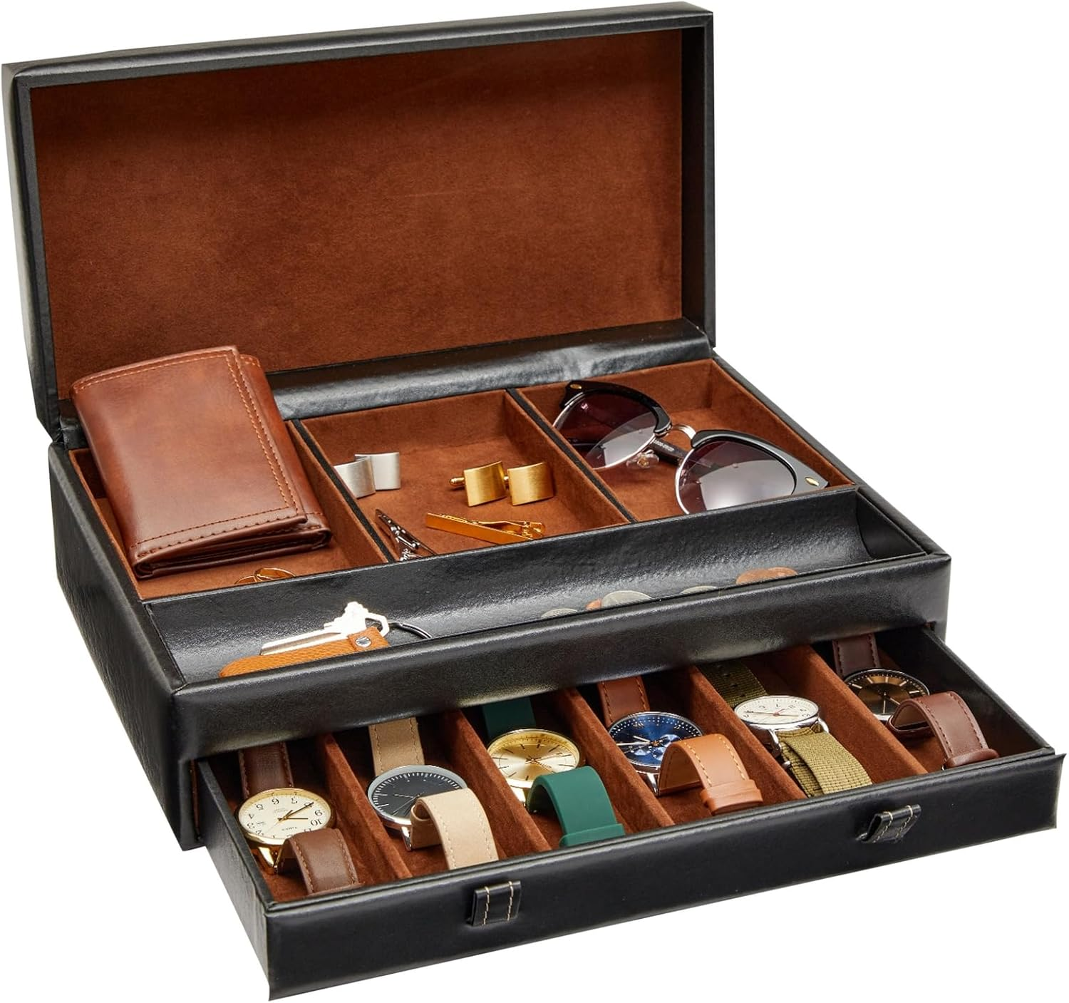 Faux Leather Mens Jewelry Box Organizer, Valet Tray for Watches