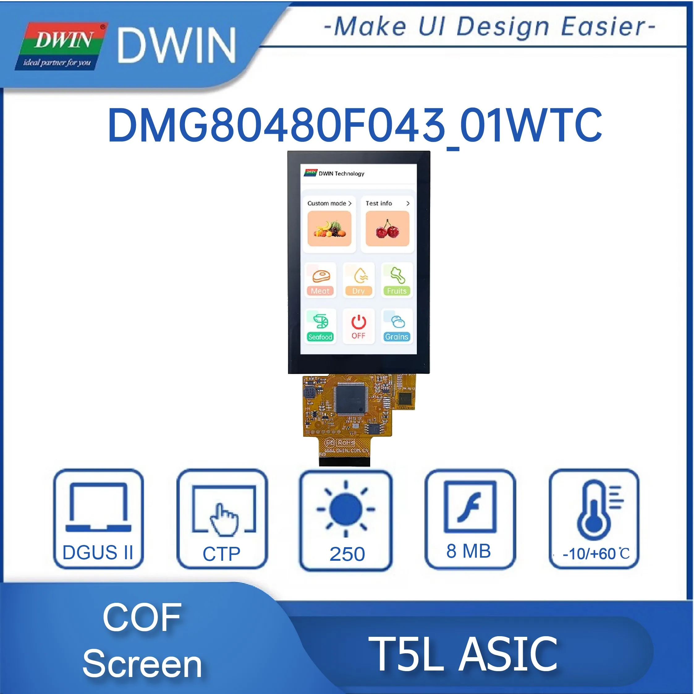 NEW 4.3" 480x800 COF Structure Capacitive Screen Integrated Touch Panel IPS TFT LCD Display DMG80480F043_01W