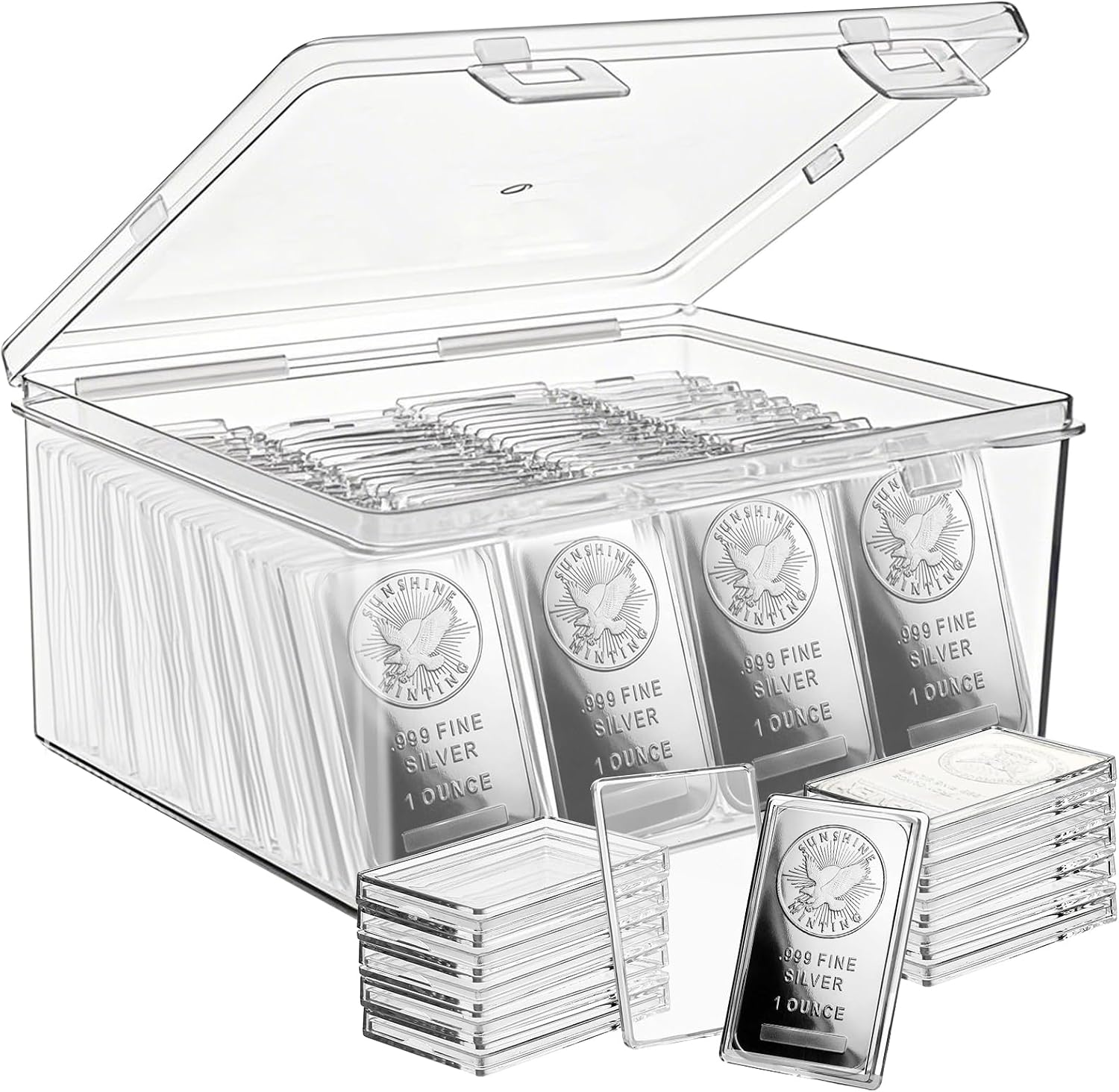 50 Pack 1 oz Silver Bar Holder Cases Clear Acrylic Capsules with Storage Box…
