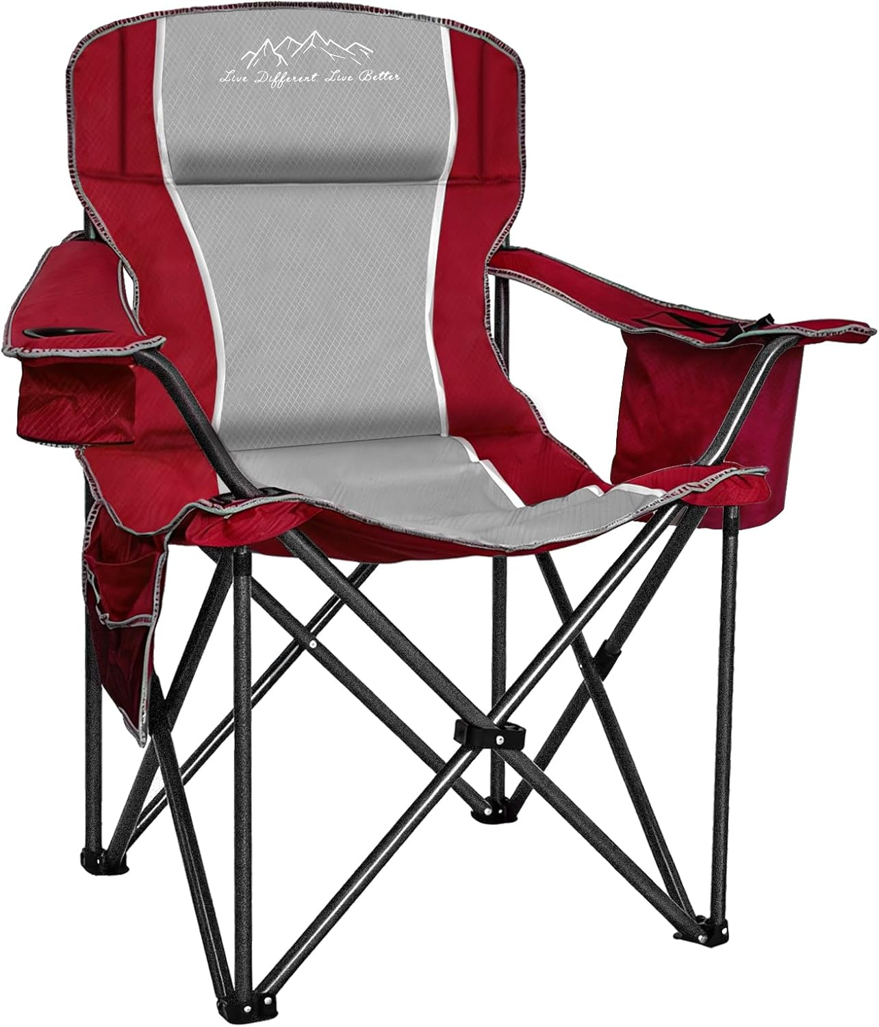 Camping Chair Portable Folding Outdoor Chair Heavy Duty Padded Chairs Lawn Chair with Cup Holder, Storage Pocket and Cooler Bag, Supports 500 LBS, Red