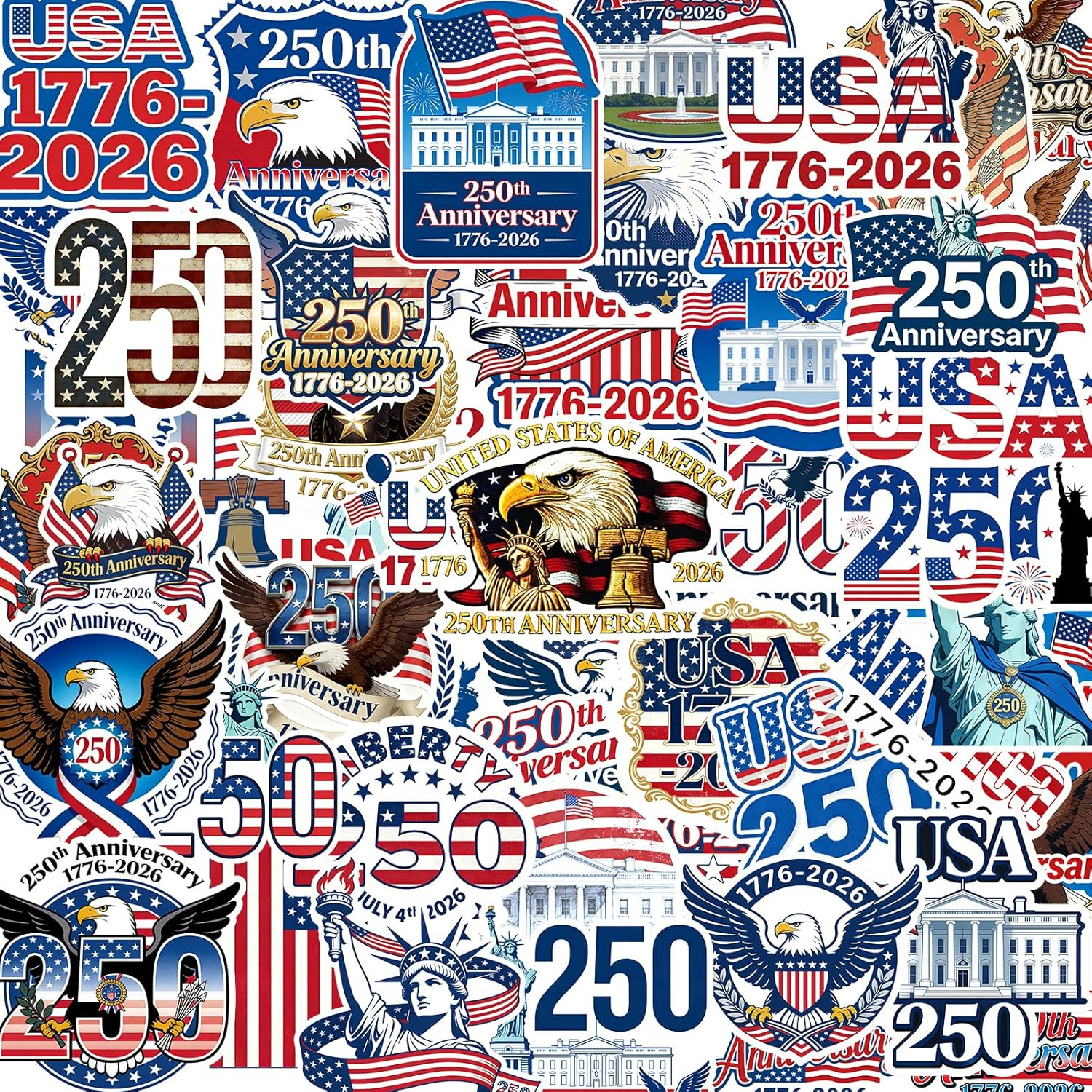 50Pcs 250Th Anniversary Sticker USA 250 Years of Freedom Anniversary Waterproof Vinyl Decals for Laptop,Water Bottle, Phone, Luggage,Car