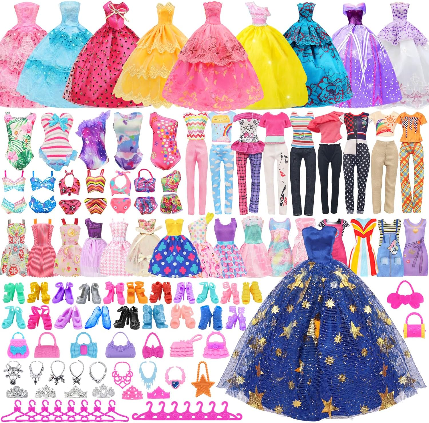 101 Pcs Doll Clothes and Accessories Set for 11.5 Inch Dolls - 5 Wedding Gowns 12 Fashion Dresses 2 Tops 2 Pants 2 Swimsuits 10 Shoes and Other Accessories Dress up Toys for Girls Kids