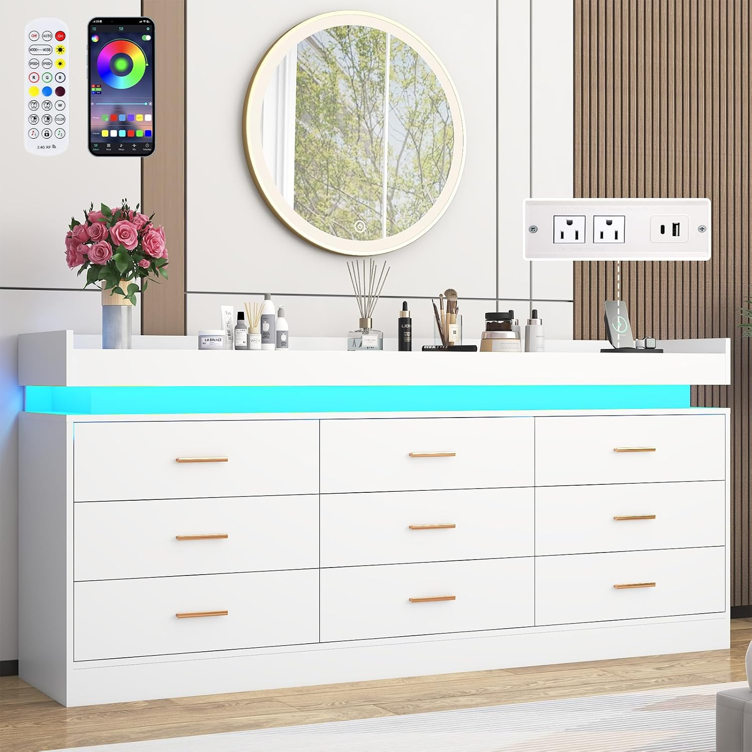 9 Drawer Dresser with LED Light and Charging Station, 63