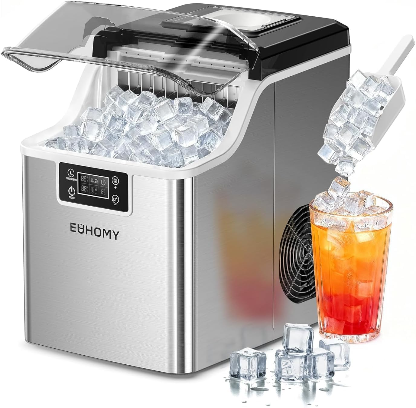 Ice Cube Maker Machine Countertop, 2 Ways to Add Water, 45Lbs/Day 24 Pcs Ready in 13 Mins, Auto-Cleaning Portable Compact, with Ice Scoop & Basket, Perfect for Home/Kitchen/Office/Bar (Silver)