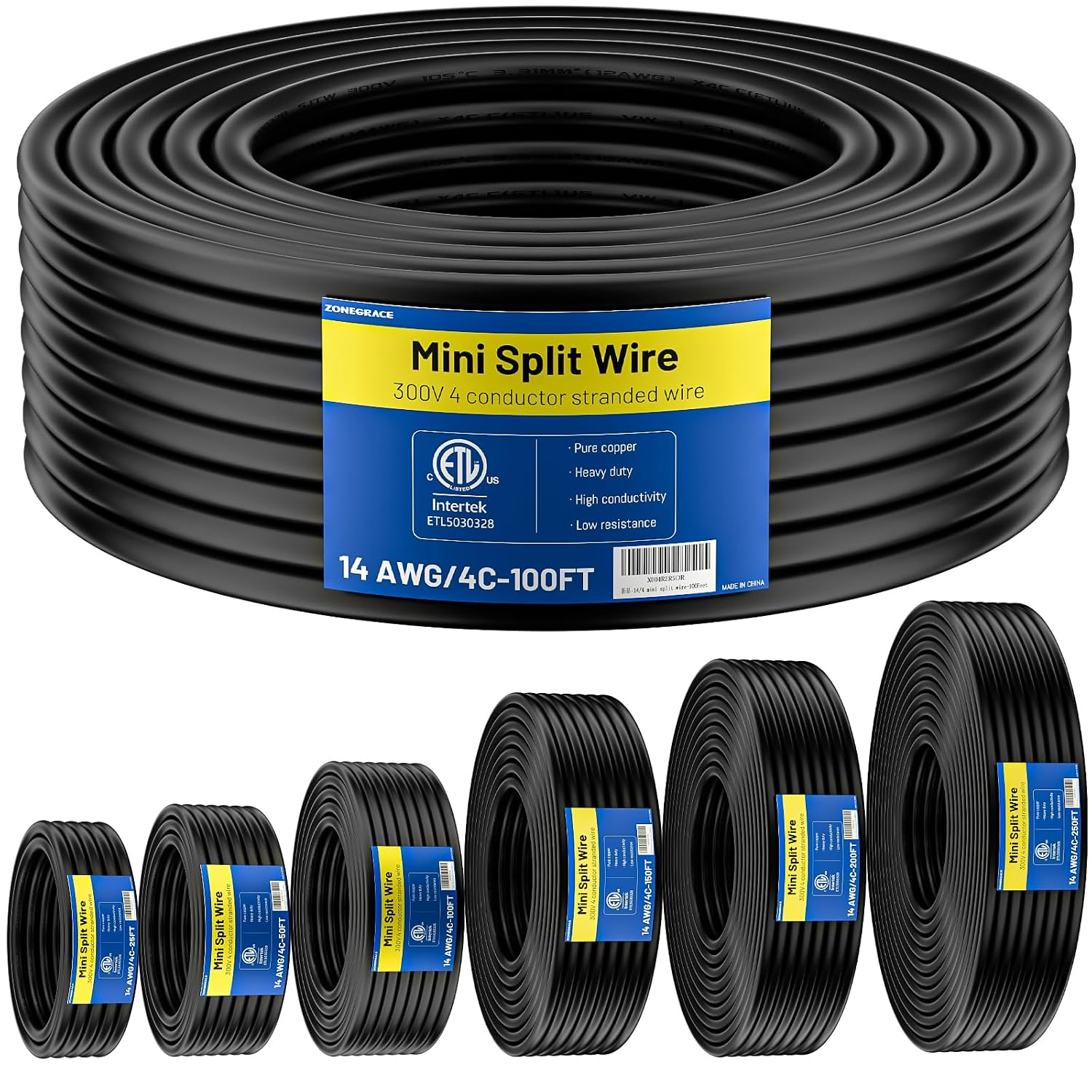 100FT 14/4 Mini Split Cable, 14 AWG 4 Conductor Stranded Pure Copper ETL Listed 300V 105C Color Coded (Red/Green/Black/White) Mini Split Communication Wire for Heat Pump HVAC Thermostat