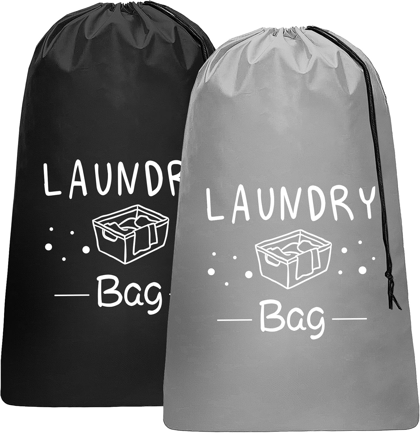 2 Pack Extra Large Travel Laundry Bag, Rip-Stop Dirty Clothes Shoulder Bag with Drawstring, Heavy Duty Travel Laundry Bag, Large Laundry Hamper Liner (Black+Light Grey, 24
