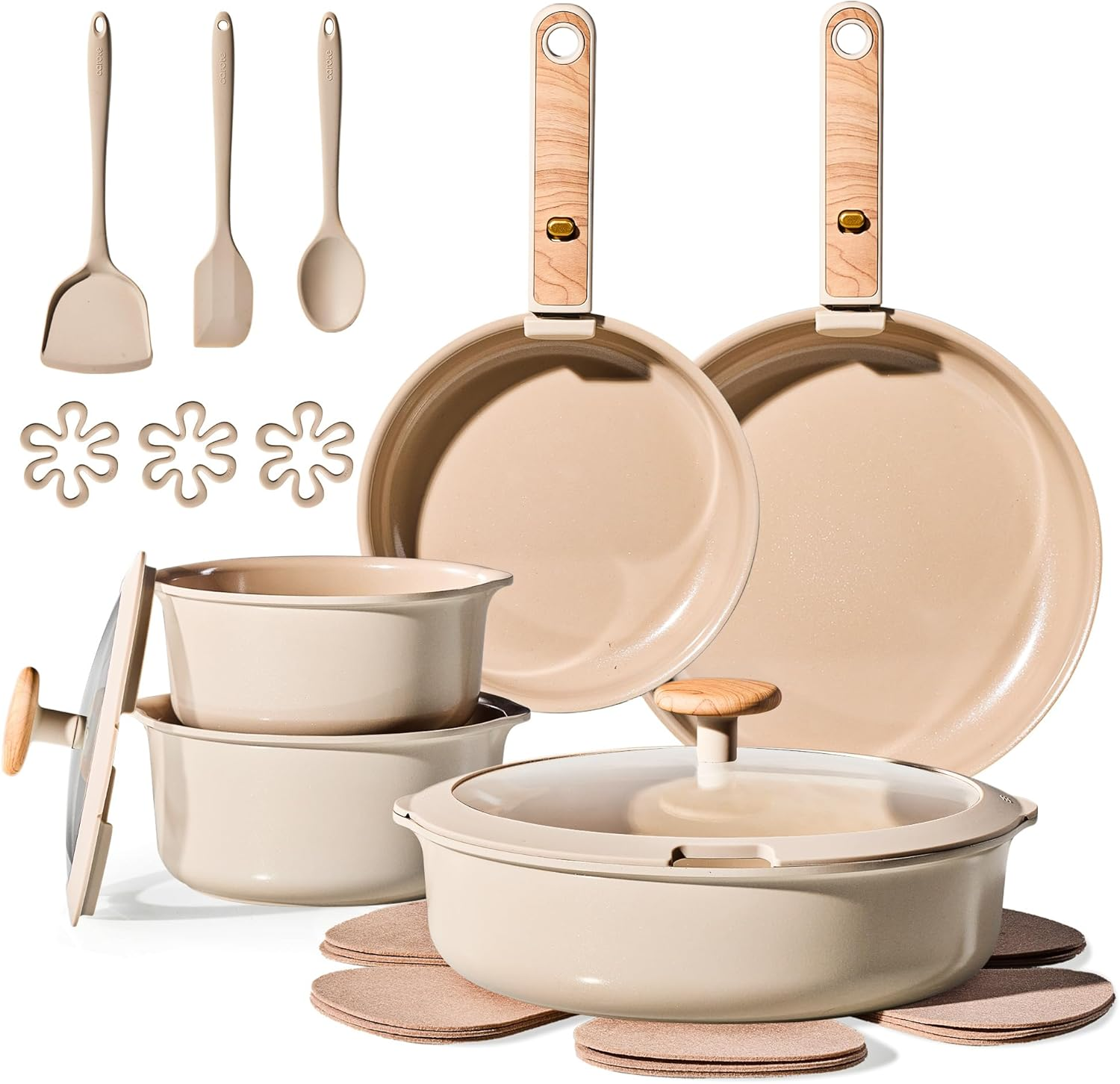 19PCS Ceramic Nonstick Cookware Set, Pots and Pans Set with Detachable Handle, Pfas-Free Non-Toxic, Induction & Oven Safe, Stackable Space-Saving, Taupe