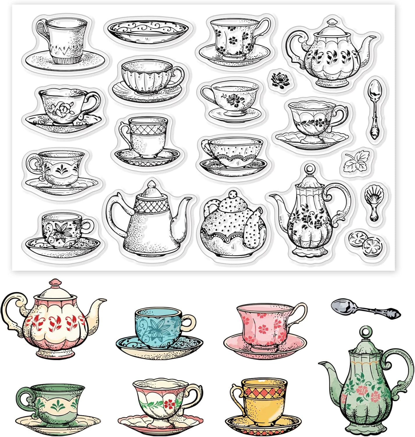 GLOBLELAND Tea Coffee Cups Clear Stamps Afternoon Tea and Teapot Silicone Stamp Seal for DIY Scrapbooking and Card Making Paper Craft Decor