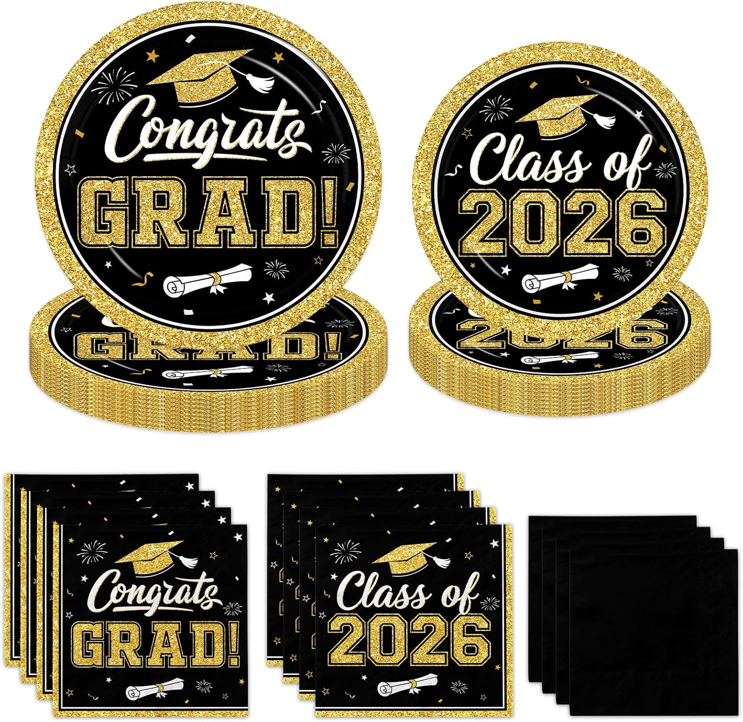 Graduation Plates and Napkins 2026, 200Pcs Black and Gold Graduation Decorations Includes Congrats Grad Plates Class of 2026 Plates and Napkins, for College High School Graduation Party, Serve 50