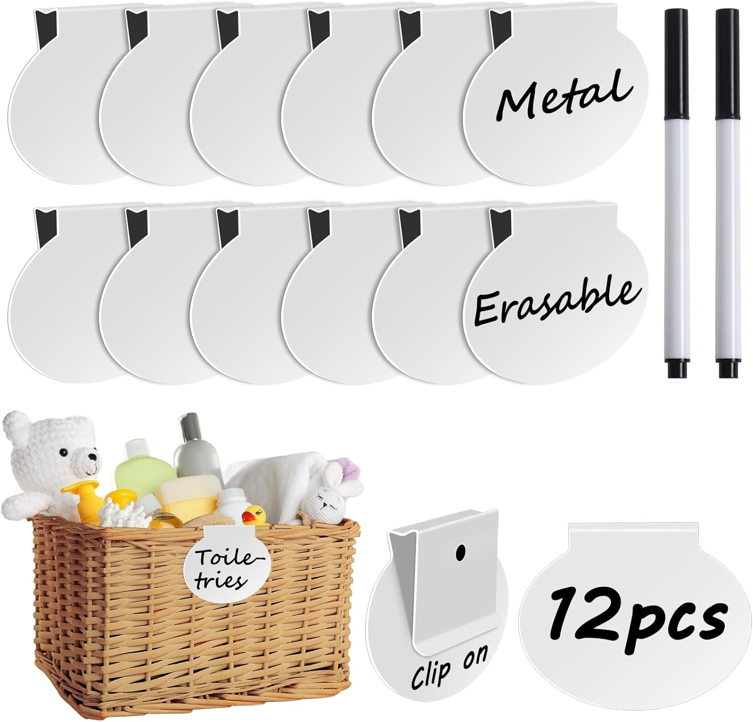 12 Pack Metal Basket Labels Clip on for Storage Bins, Basket Tags White Bin Tags, Removable Pantry Fabric Closet Box Container Holders Hanging Drawer Labels with Chalk Markers