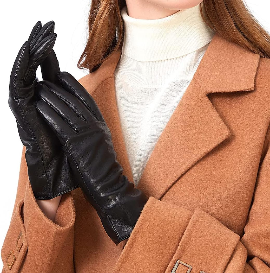 Luxury Italian Soft Leather Gloves for Women - Genuine Sheepskin Leather Women’S Cold Weather Gloves Cashmere Lined