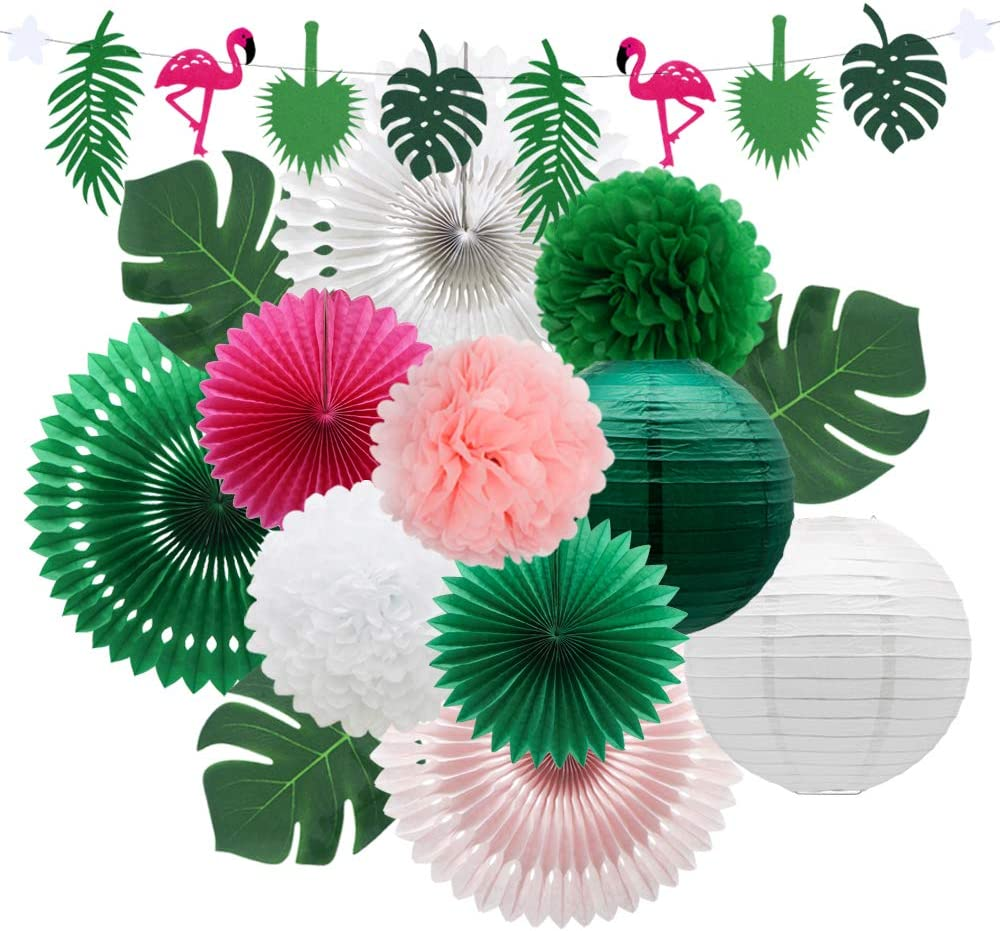 Tropical Flamingo Palm Leaves Party Decorations with Paper Fans Paper Lanterns Pom Poms Flowers for Birthday Bridal & Baby Shower Bachelorette Hawaiian Beach Pool Summer (Green)