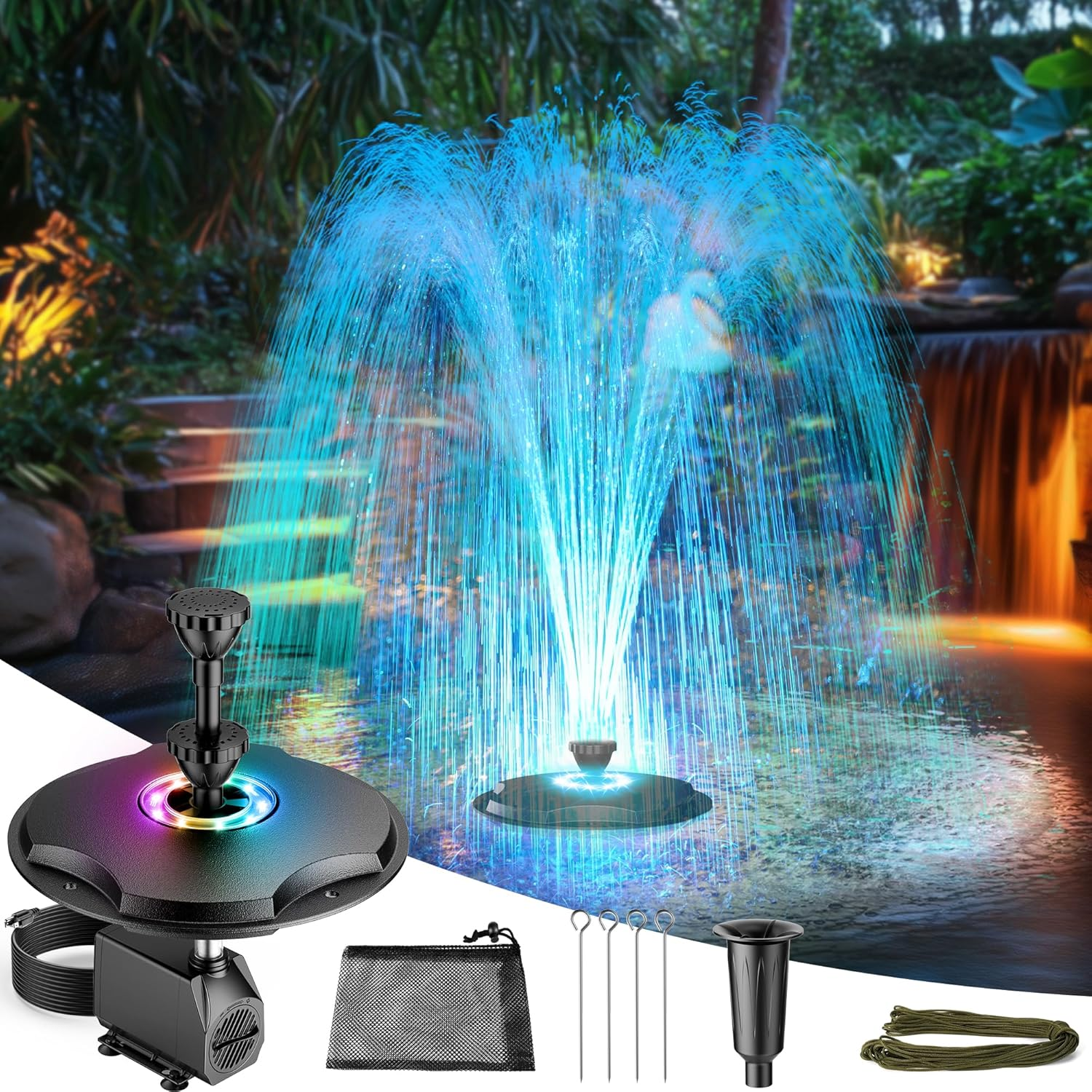 Floating Pond Fountain with LED Lights - 40W 660GPH Pump with 3 Spray Modes, Floating Fountain 27FT Power Cord & 65.6FT Mooring Line for Garden Ponds, Waterfalls & DIY Water Features