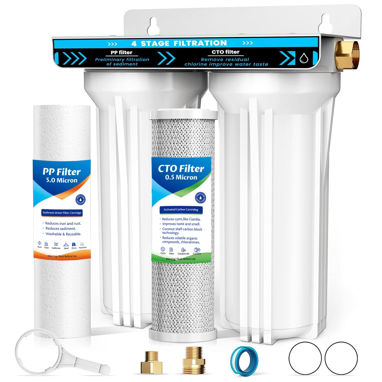 RV Dual Water Filter System, 4-Layer 2 Stage RV Water Filtration System, Removes Sediments,Chlorine,Heavy Metals, Odors, Water Filter for RV, Campers, 3/4'' Lead-Free Hose Quick Connectors
