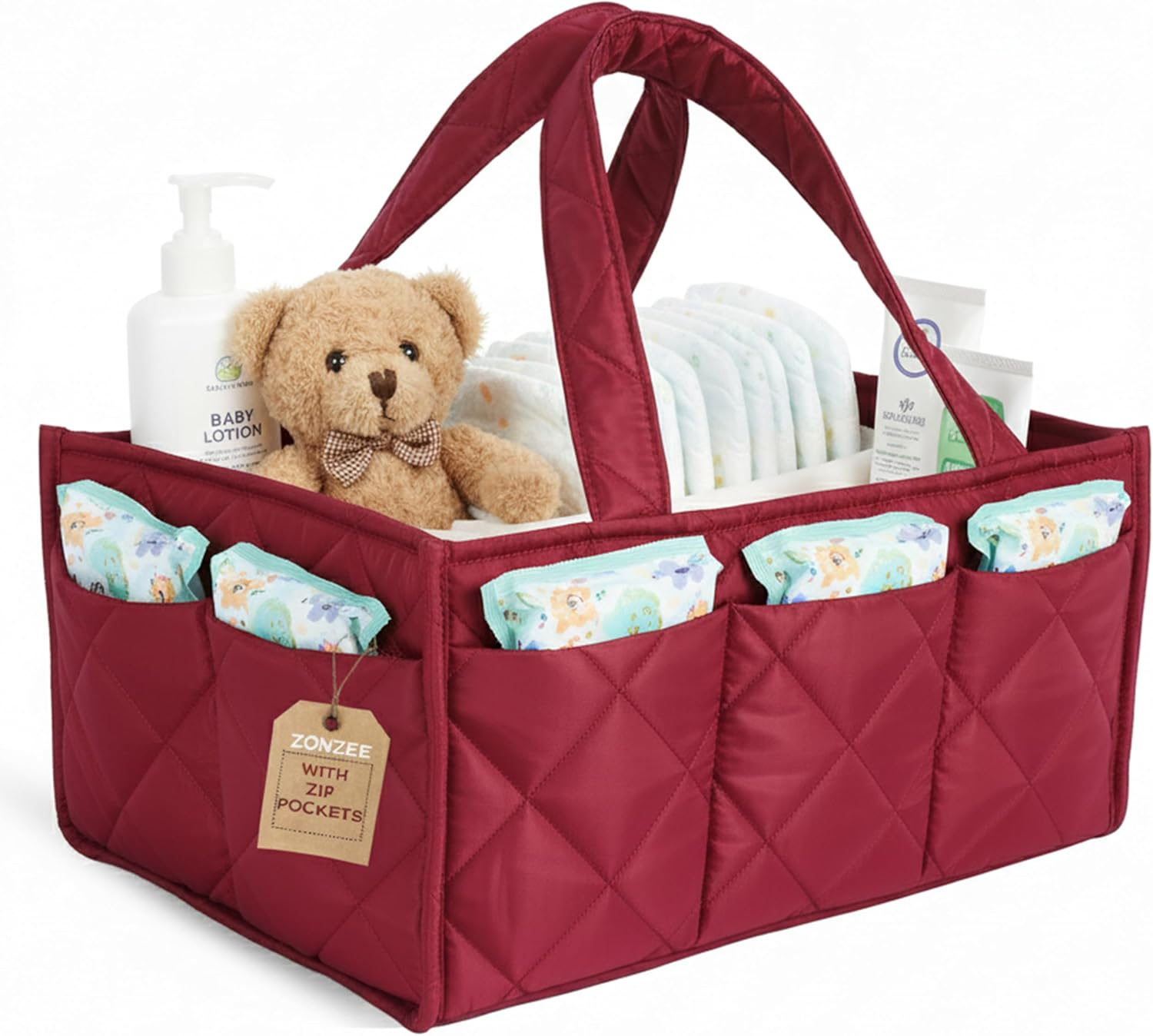 Baby Diaper Caddy Organizer, Nursery Storage Basket for Newborn Essentials, Travel Baby Basket for Diapers Baby Wipes, Organizer Tote Bag Storage Bin, Baby Shower Gifts (Maroon)