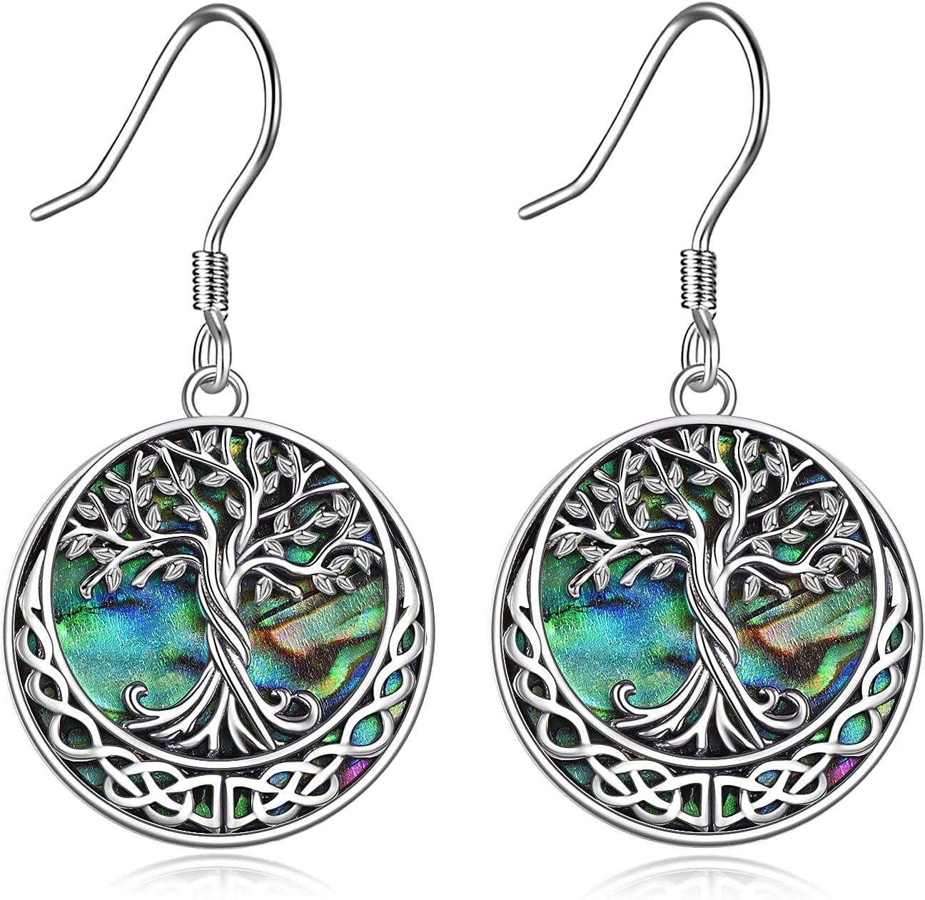 Tree of Life Earrings Sterling Silver Celtic Abalone Shell Dangle Gifts Women
