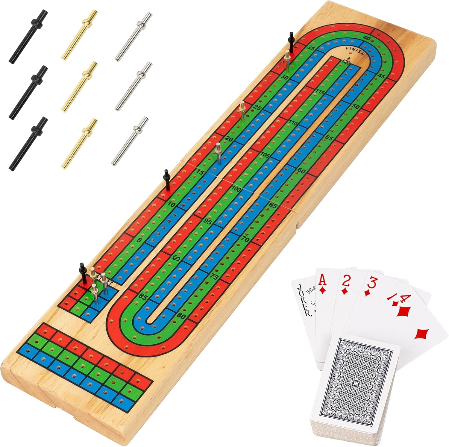Traditional Wooden Cribbage Board Game Set, 3-Track Color Coded with Metal Pegs and Deck of Playing Cards
